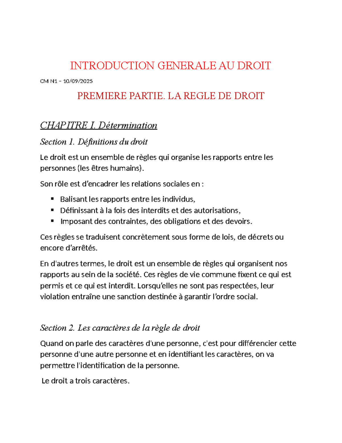 Introduction au Droit - CM N1 - Chapitre I: La Règle de Droit - Studocu