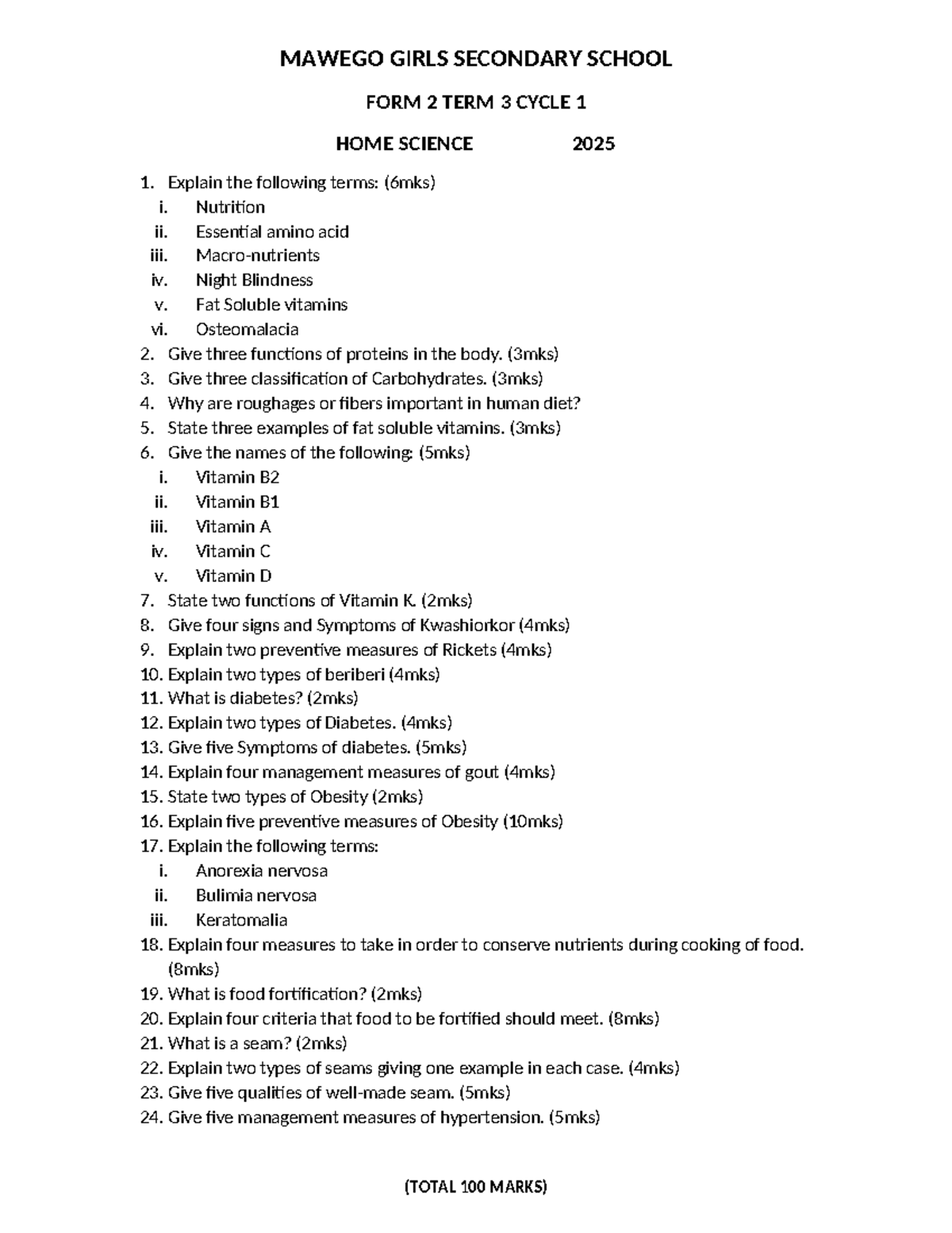MAWEGO GIRLS SCHOOL HOME SCIENCE FORM 2 TERM 3 CYCLE 1 NOTES - Studocu