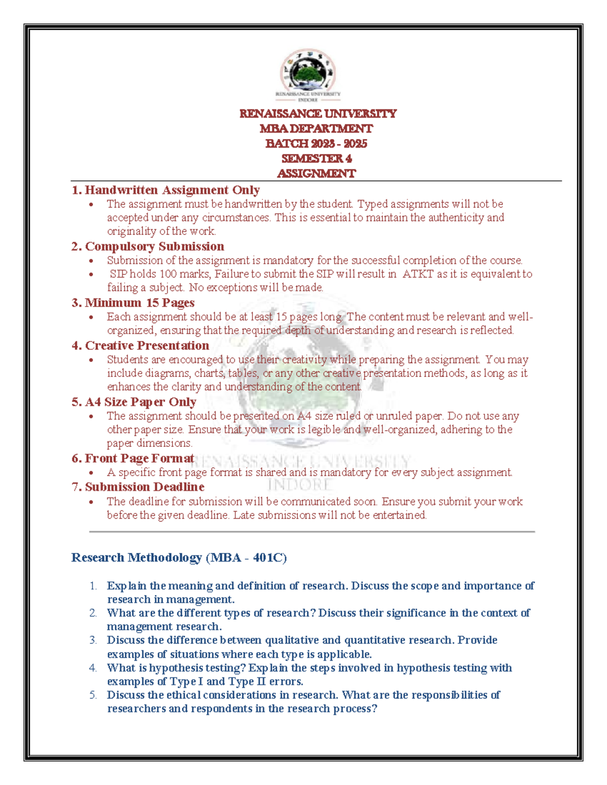 Assignment FOR MBA SEM 4 - 2023-25 - RENAISSANCE UNIVERSITY MBA ...