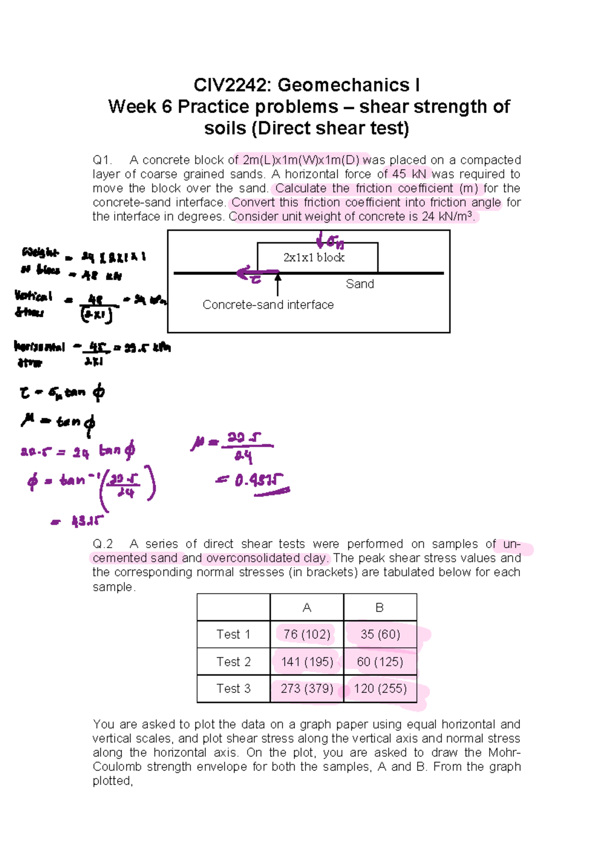 Week 6 - Shear strength of soils - Practice Questions - CIV2242 ...