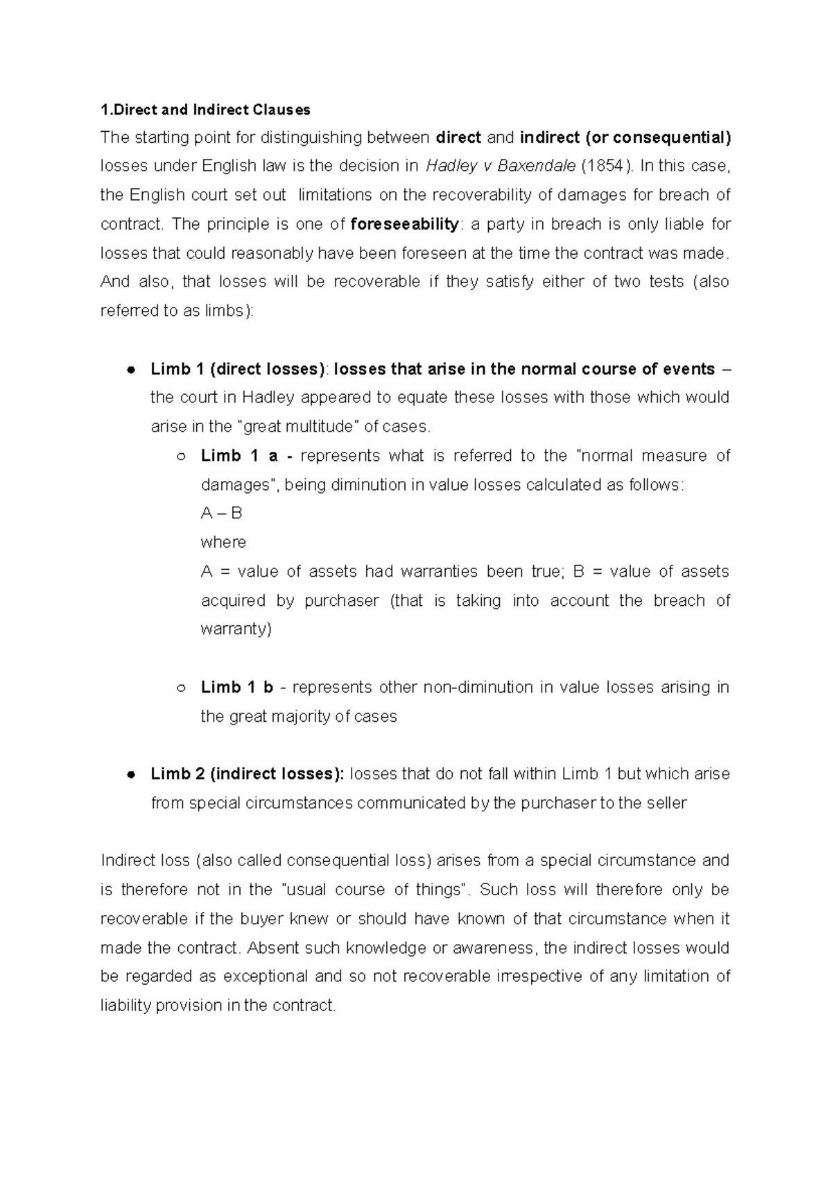 Case Study: Direct and Indirect Losses Under English Law (LAW 101 ...