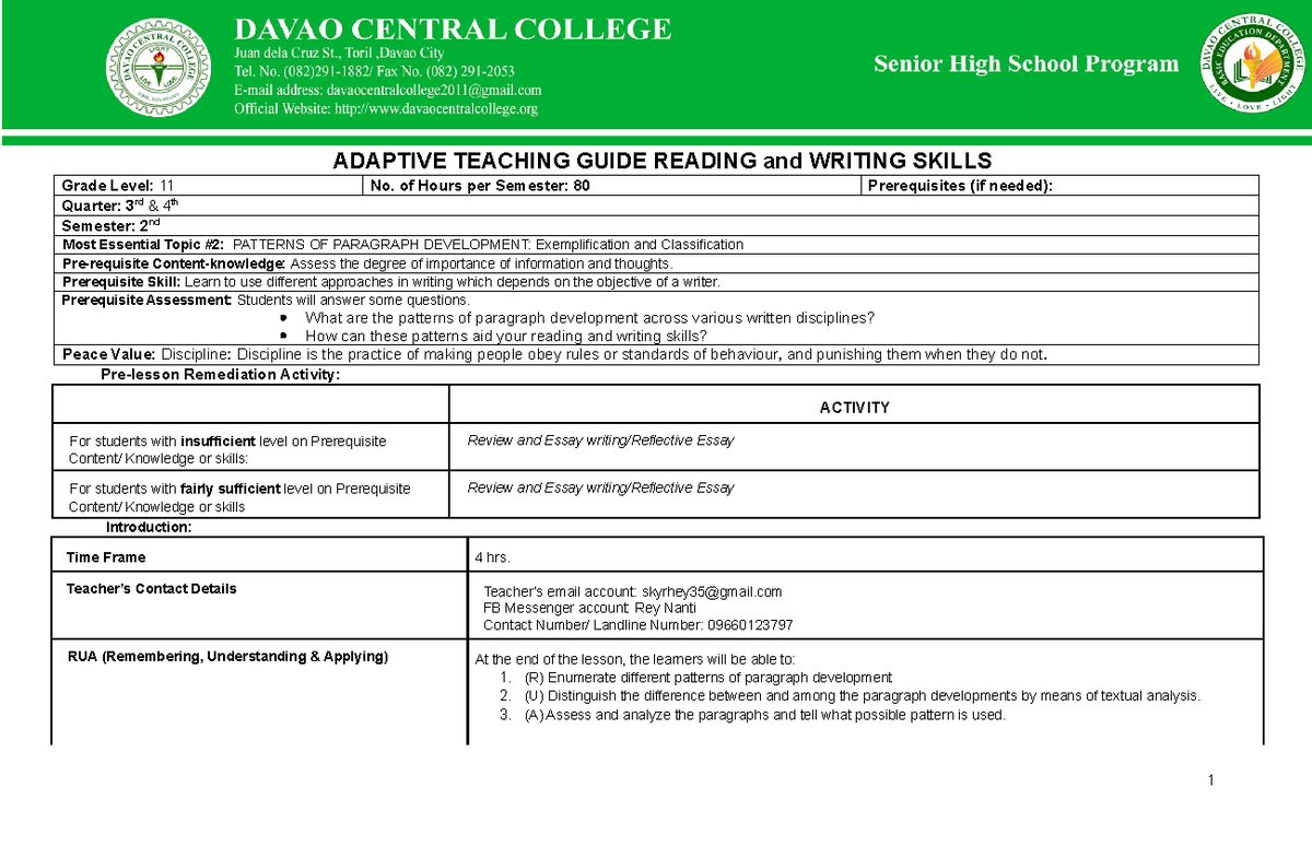 MET 2 Chunk 4: Adaptive Teaching Guide on Paragraph Development - Studocu