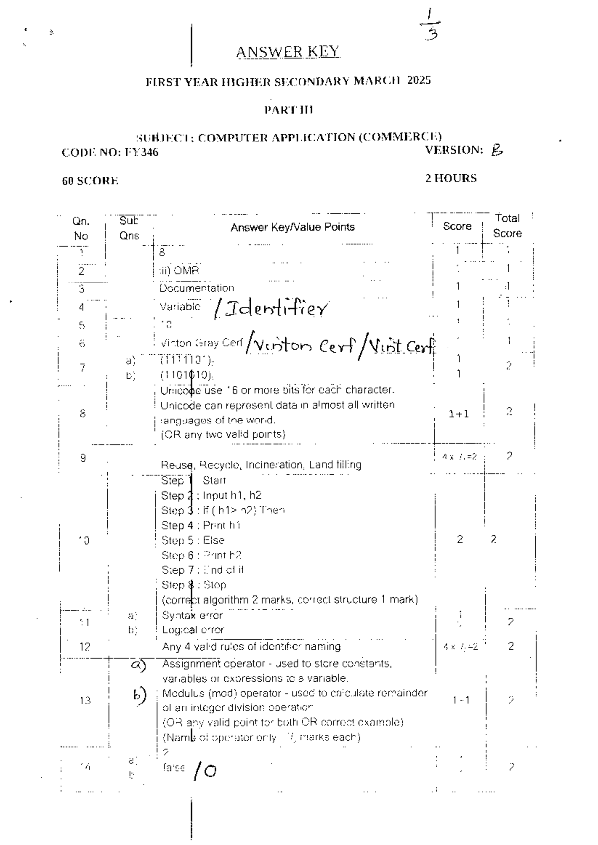 Computer Application (COM) Exam Answer Key - FY 20346 - Studocu