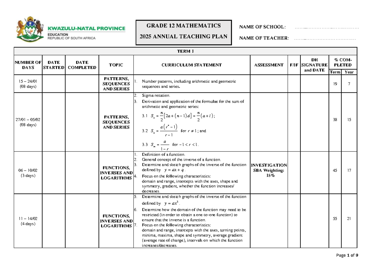 Gr 12 MATH ATP 2025: Annual Teaching Plan Overview - Studocu