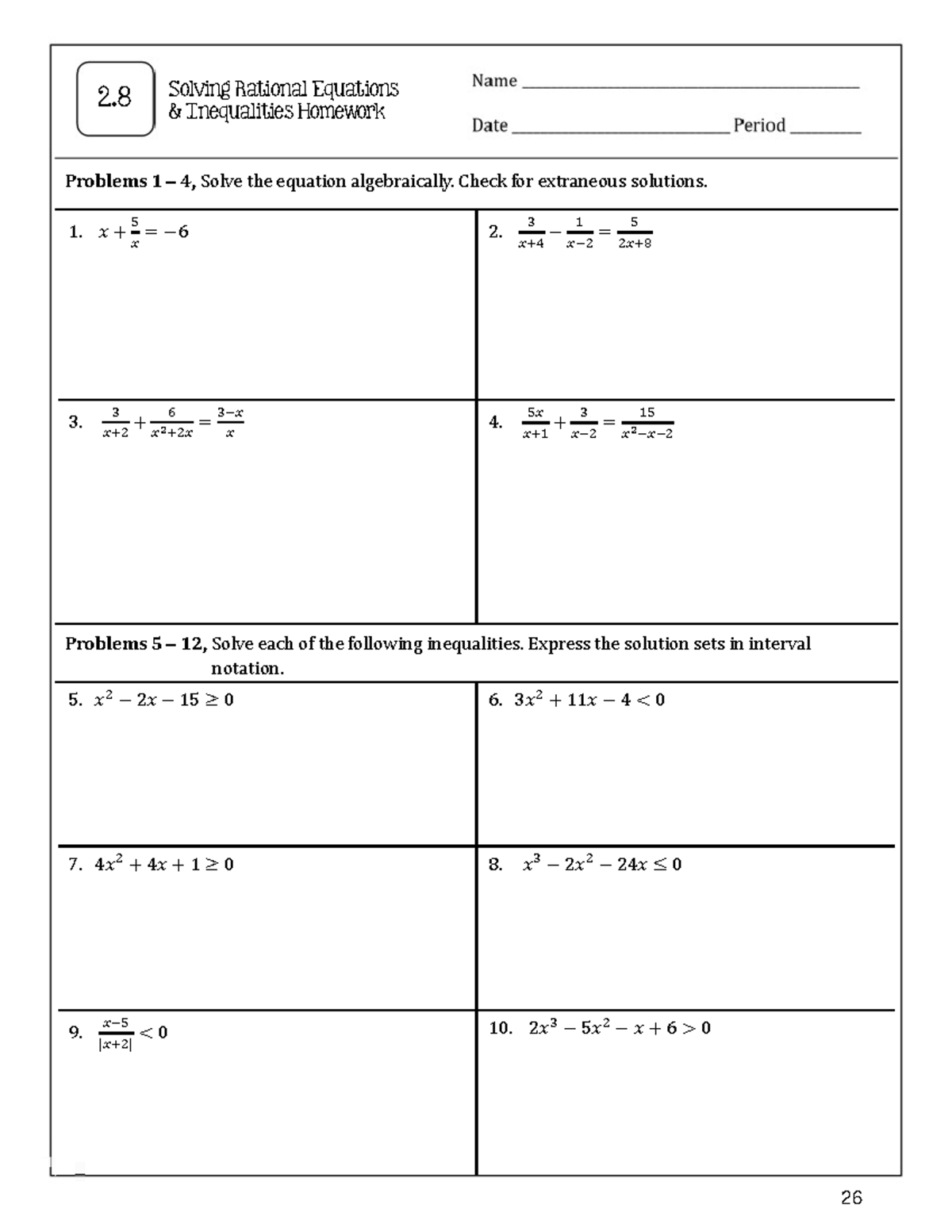 Rational Equations & Inequalities Homework 2.8 Solutions - Studocu