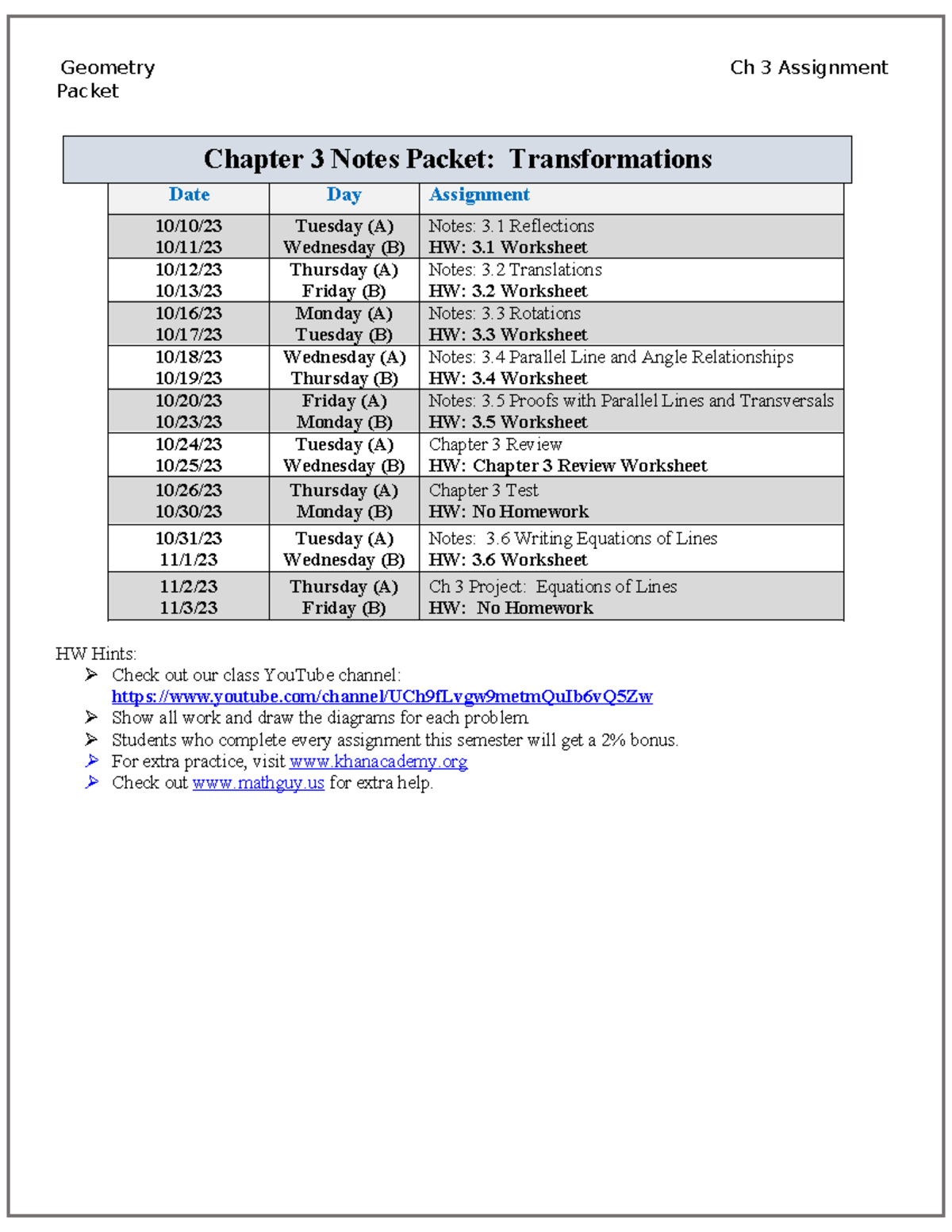 Ch 3 HW & Notes Packet: Transformation & Geometry Worksheets - Studocu