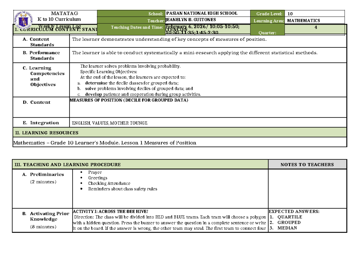 MAT10 Lesson Plan: Deciles for Grouped Data - Studocu