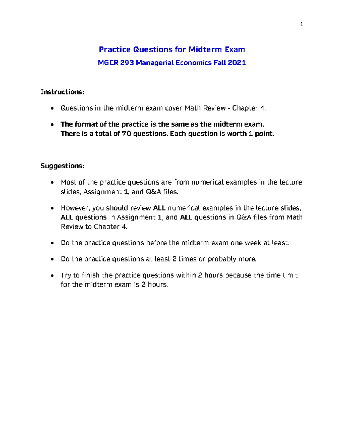 2021 Practice Midterm Exam Questions for MGCR 293 Managerial Economics ...