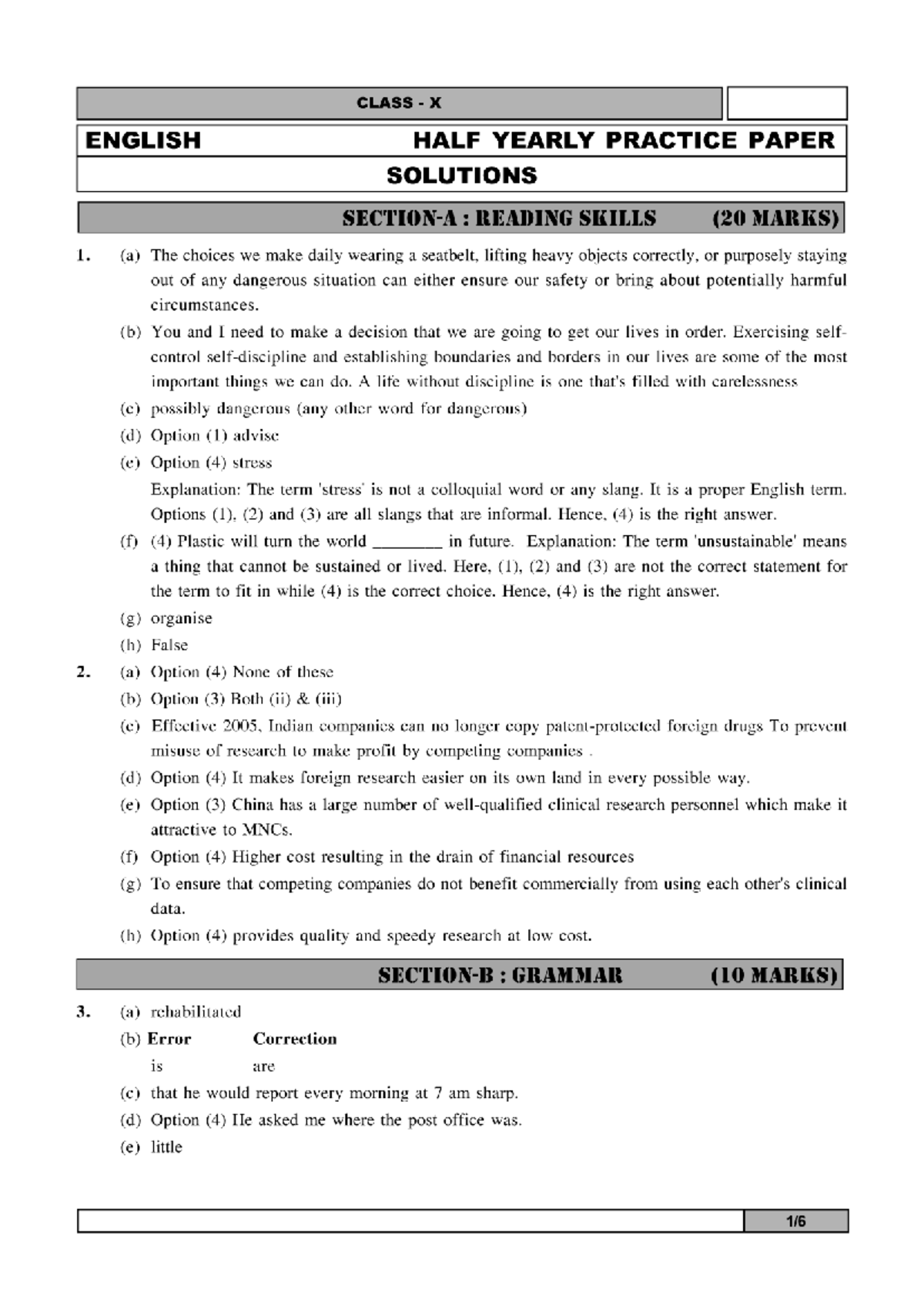 CLASS X ENGLISH HALF YEARLY PRACTICE PAPER SOLUTIONS - Studocu