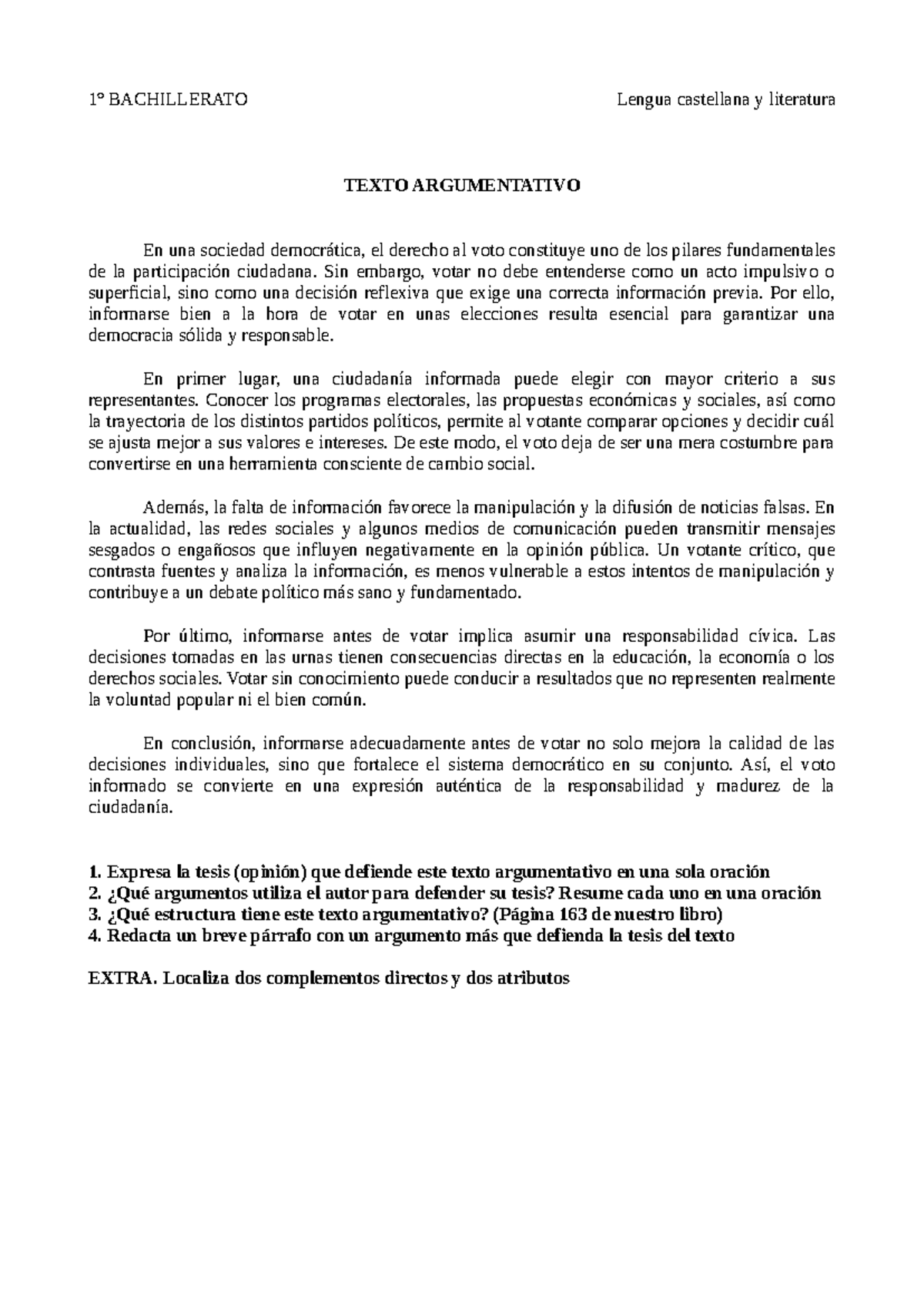Texto Argumentativo: La Importancia del Voto Informado - 1º ...