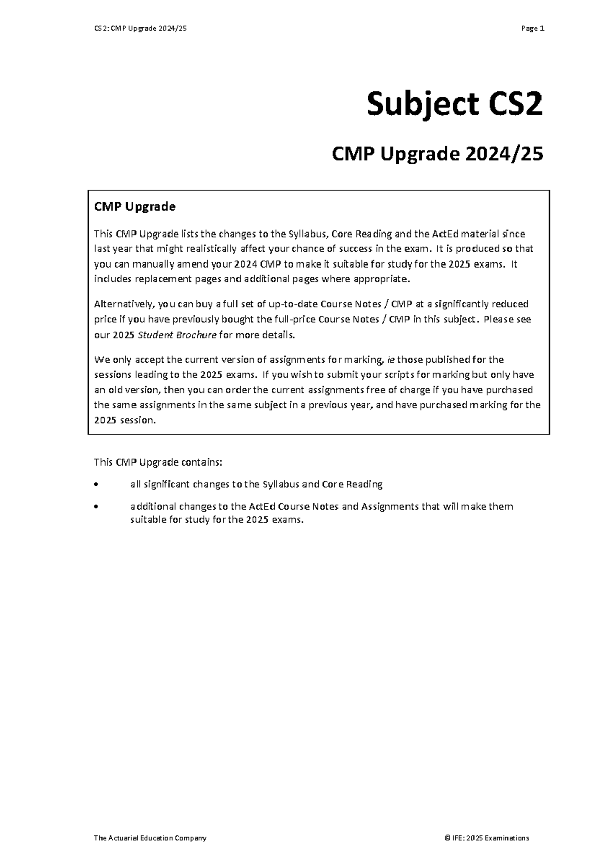 CS2: CMP Upgrade for 2024/25 Examinations Guide - Studocu