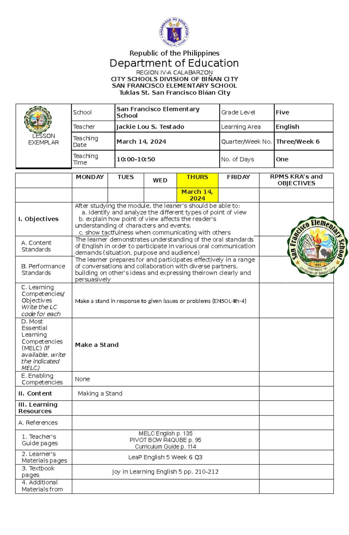 COT3-2023-2024 - ENGLISH 5 - Republic of the Philippines Department of ...