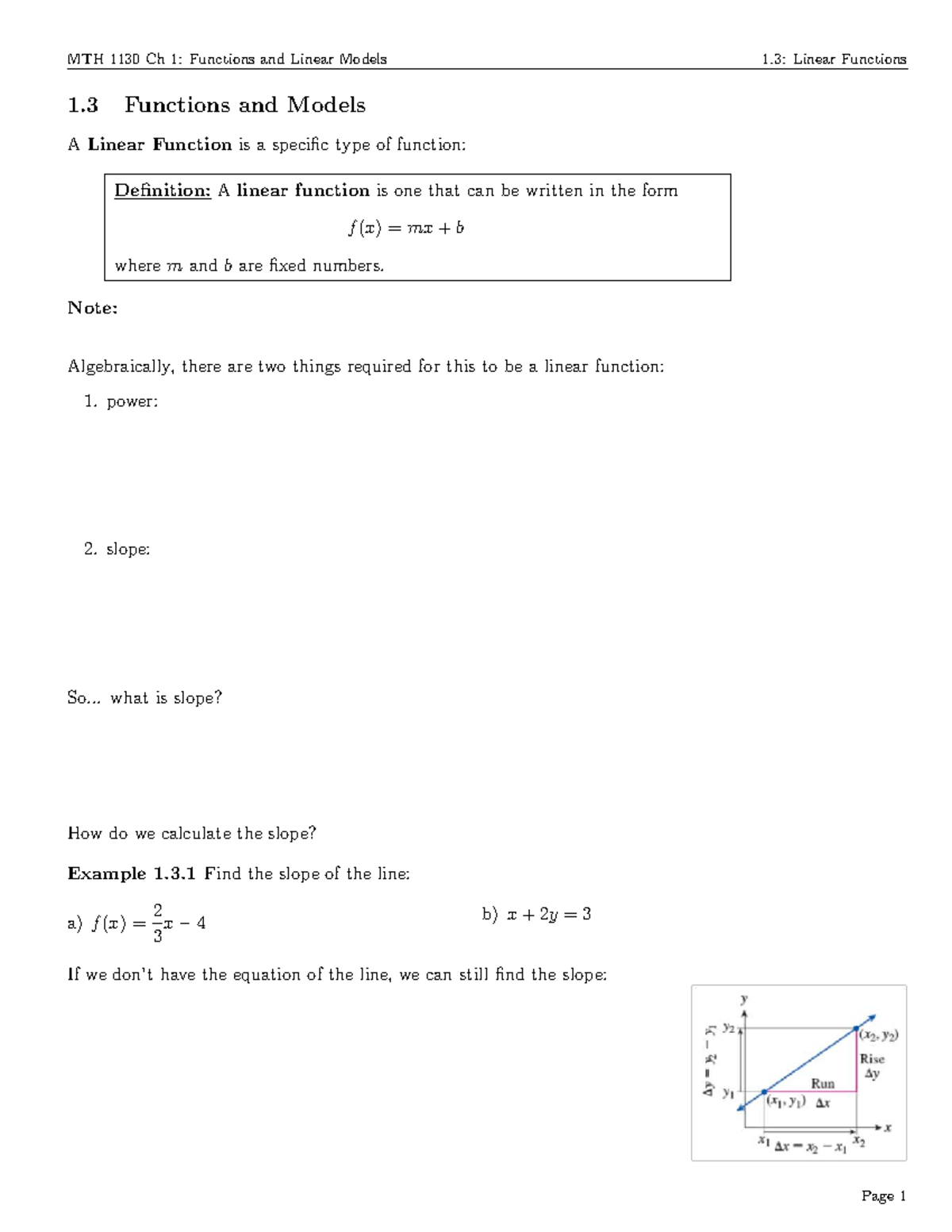 MTH 1130 Ch 1: Functions & Linear Models - Lecture Notes - Studocu
