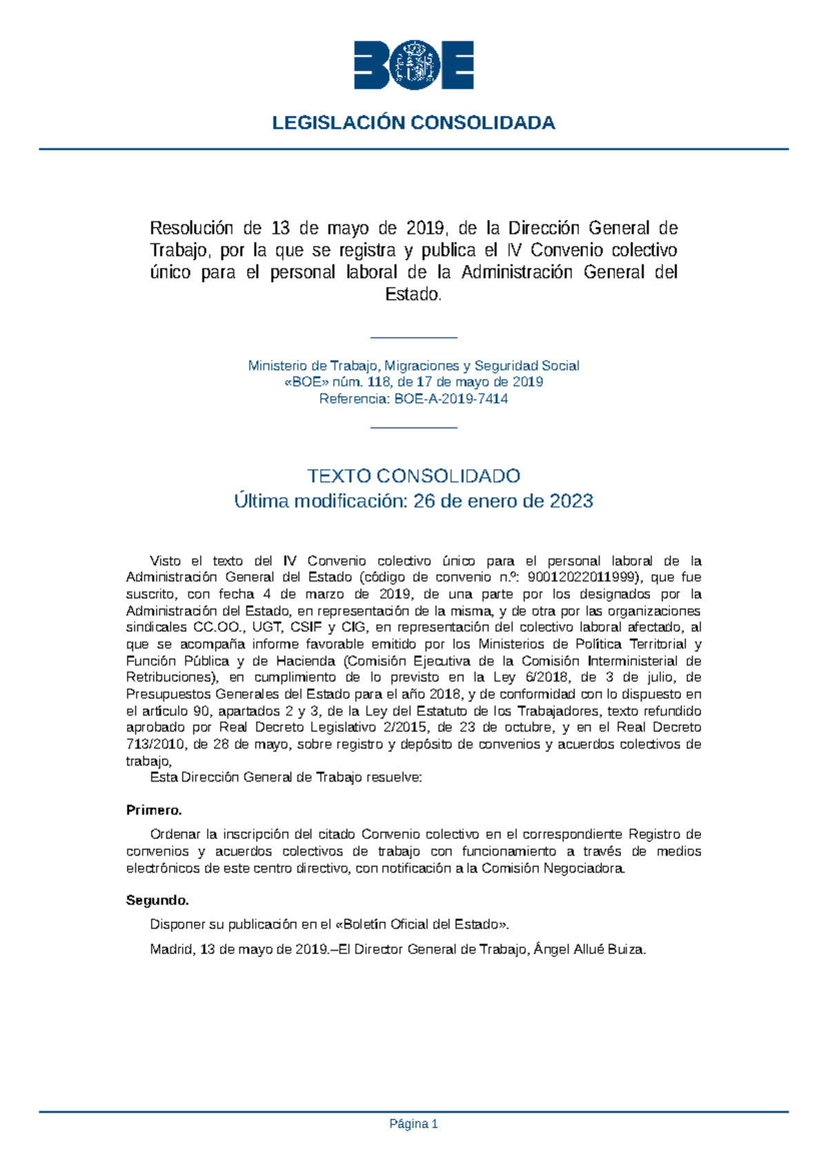 IV Convenio Colectivo Único para el Personal Laboral de la AGE - Studocu