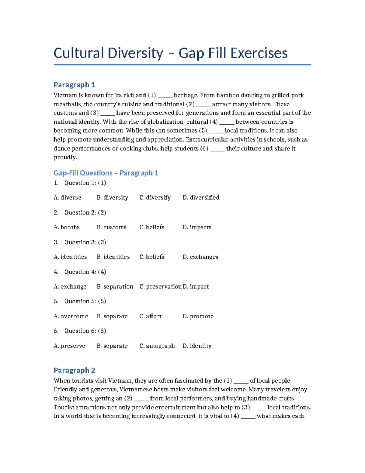 Cultural Diversity Gap Fill Exercises: Understanding Vietnam's Heritage ...