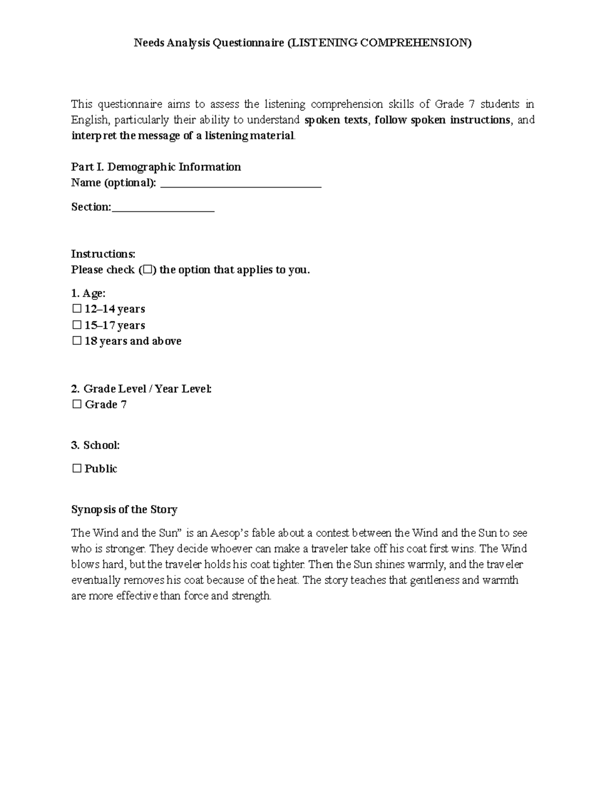 Needs Analysis Questionnaire for Grade 7 Listening Comprehension - Studocu