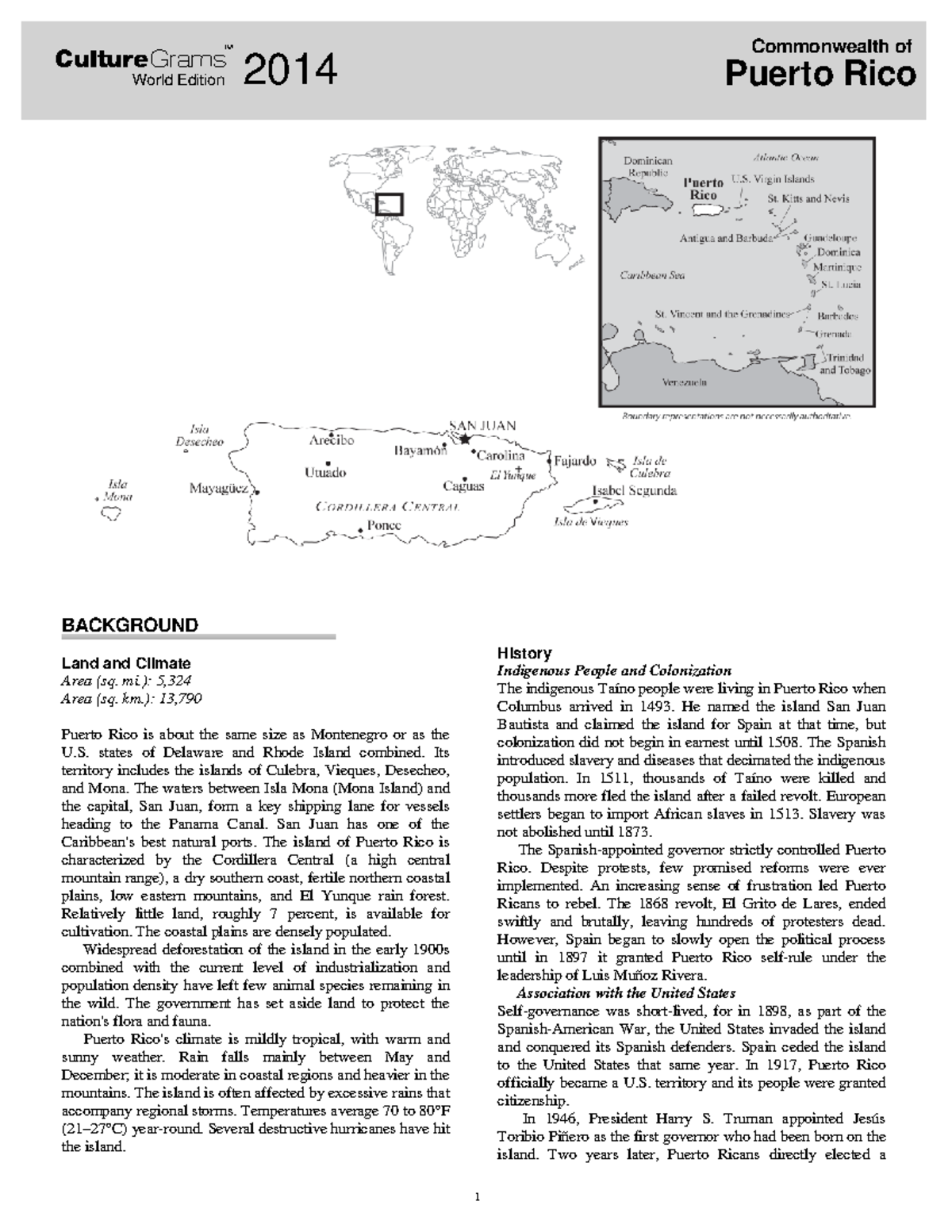 TM CultureGrams: Puerto Rico Overview and Historical Context (2014 ...