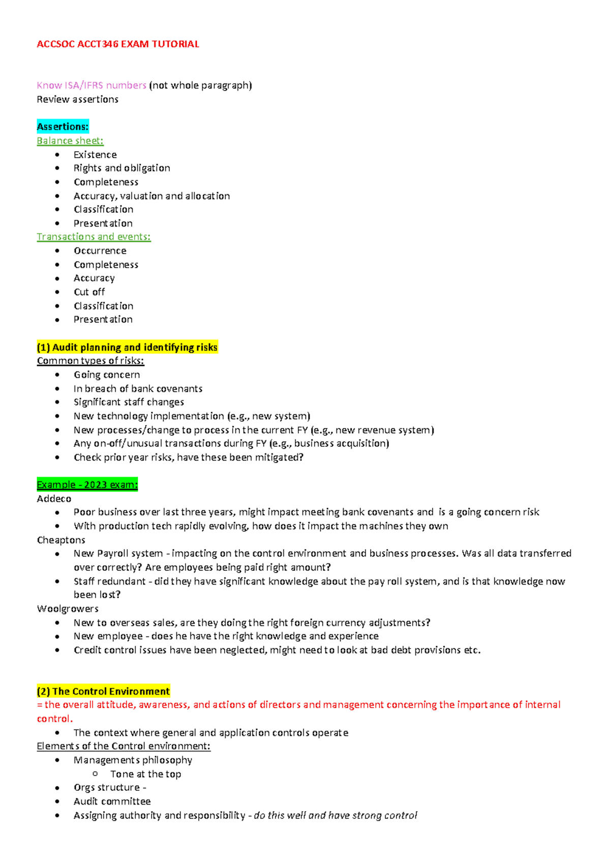 ACCT346 Final Exam Tutorial: Key Assertions and Audit Procedures - Studocu