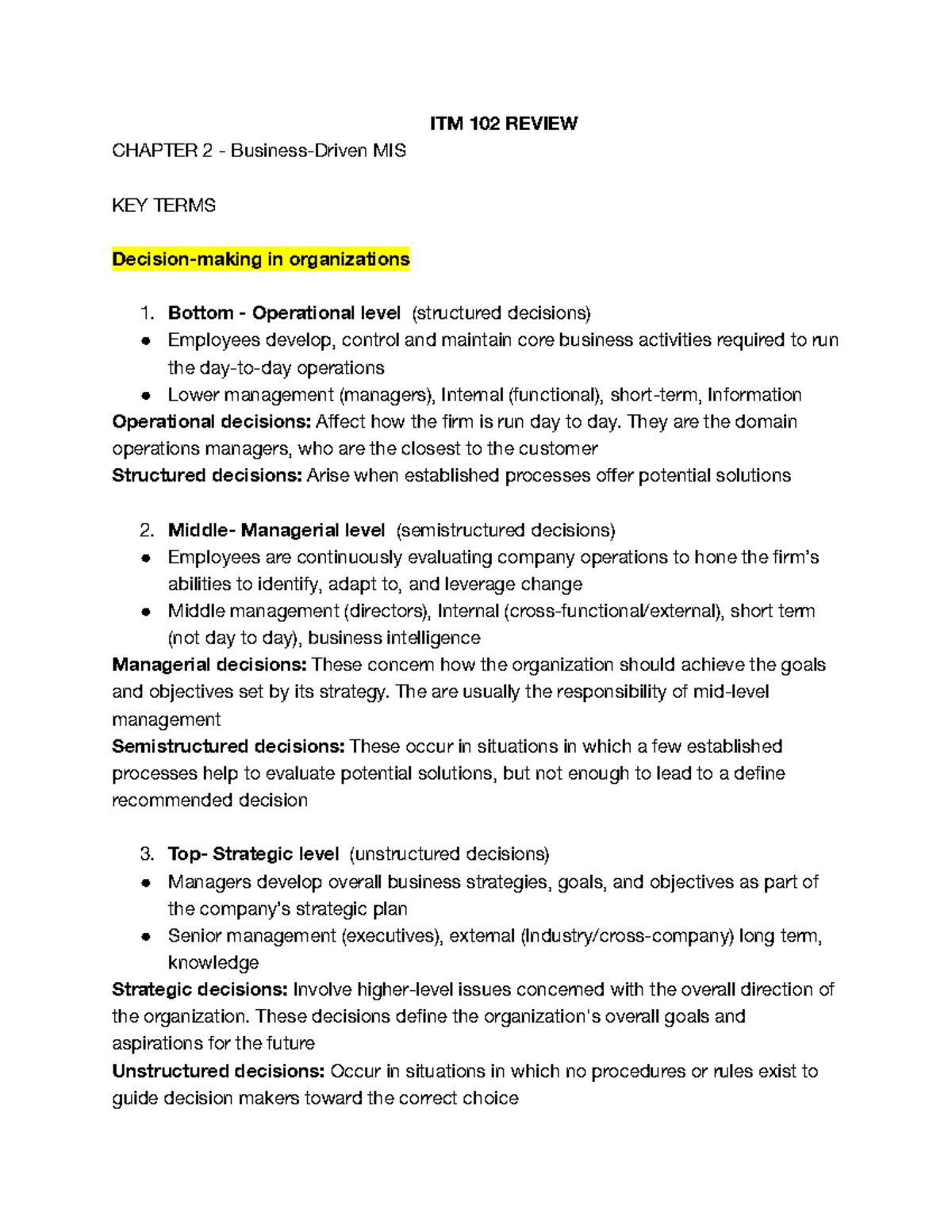 ITM 102 Chapter 2 - Key Terms and Definitions in MIS - Studocu
