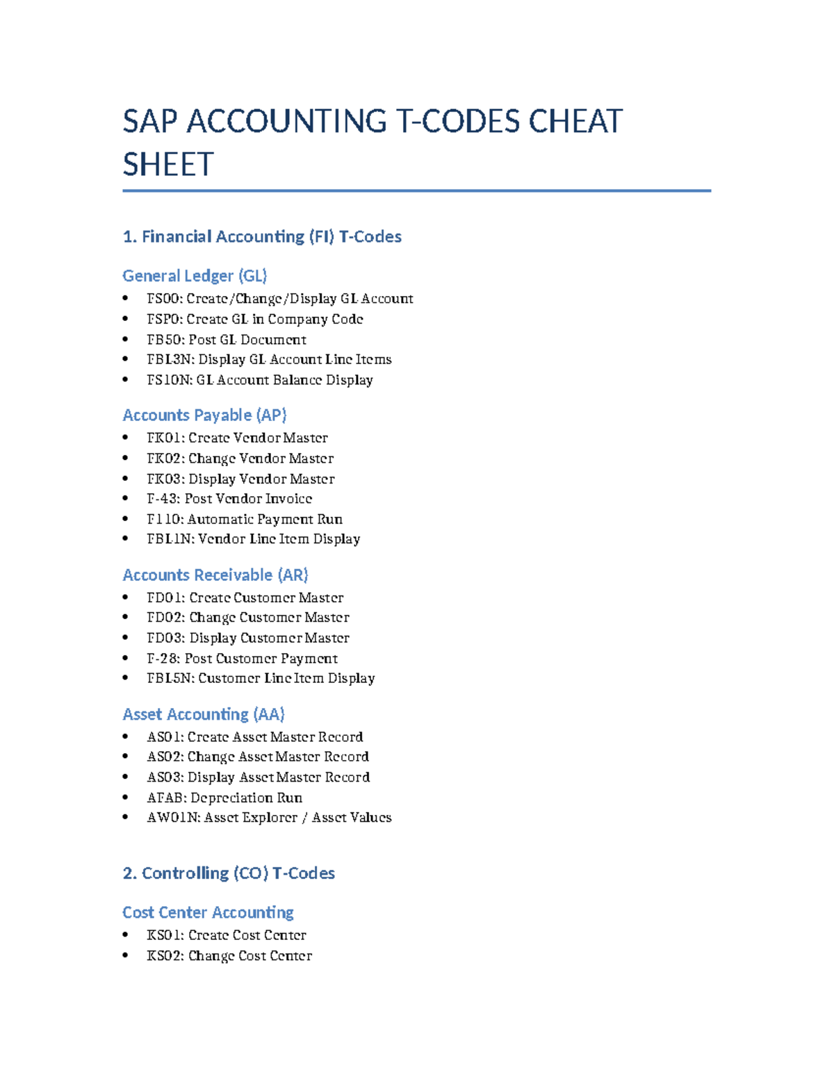 SAP Accounting TCodes Cheat Sheet: FI, CO, AP, AR, AA - Studocu