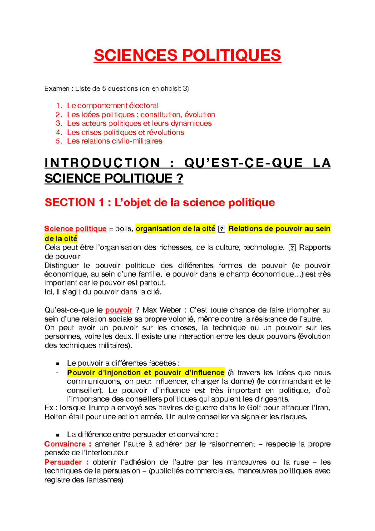 Science Politique Cours - SCIENCES POLITIQUES Examen : Liste de 5 ...