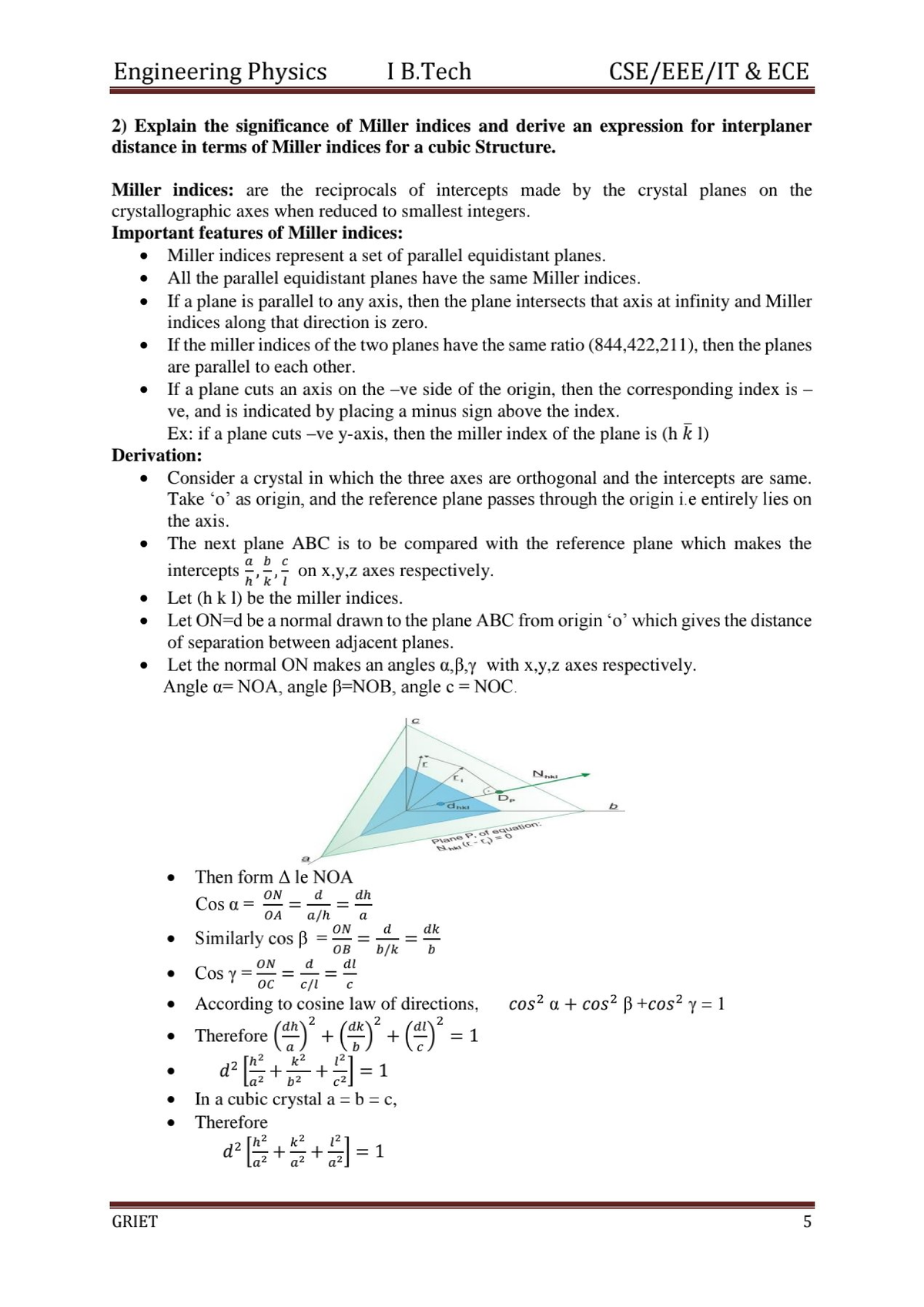 Engineering Physics B ECE: Miller Indices & Interplanar Distance Notes ...