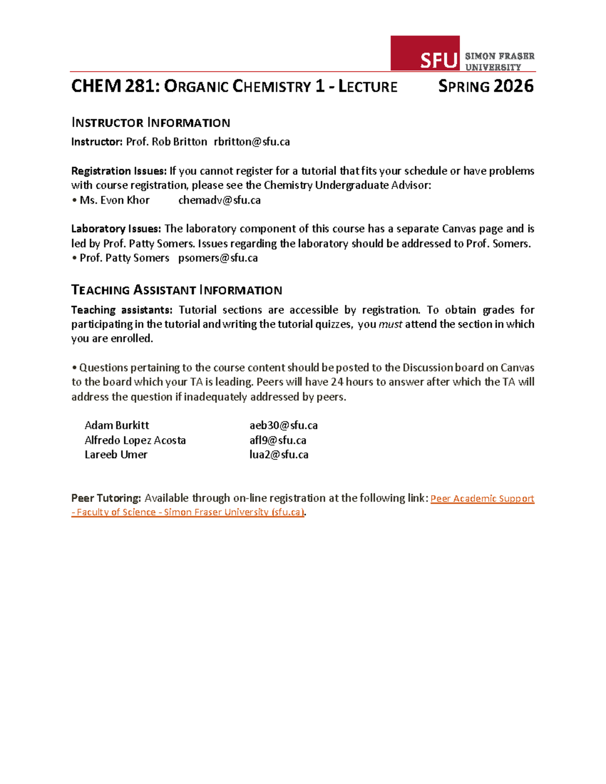 CHEM 281: Organic Chemistry 1 Lecture Syllabus Spring 2026 - Studocu