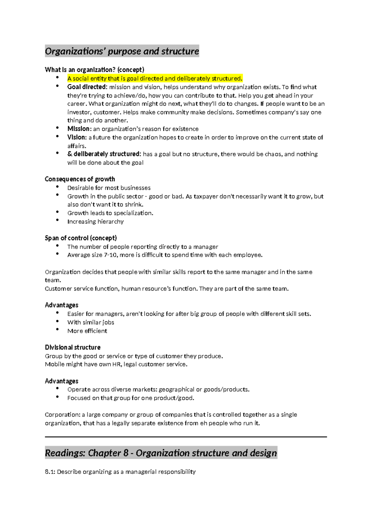 MGMT101: Understanding Organizational Purpose and Structure Concepts ...