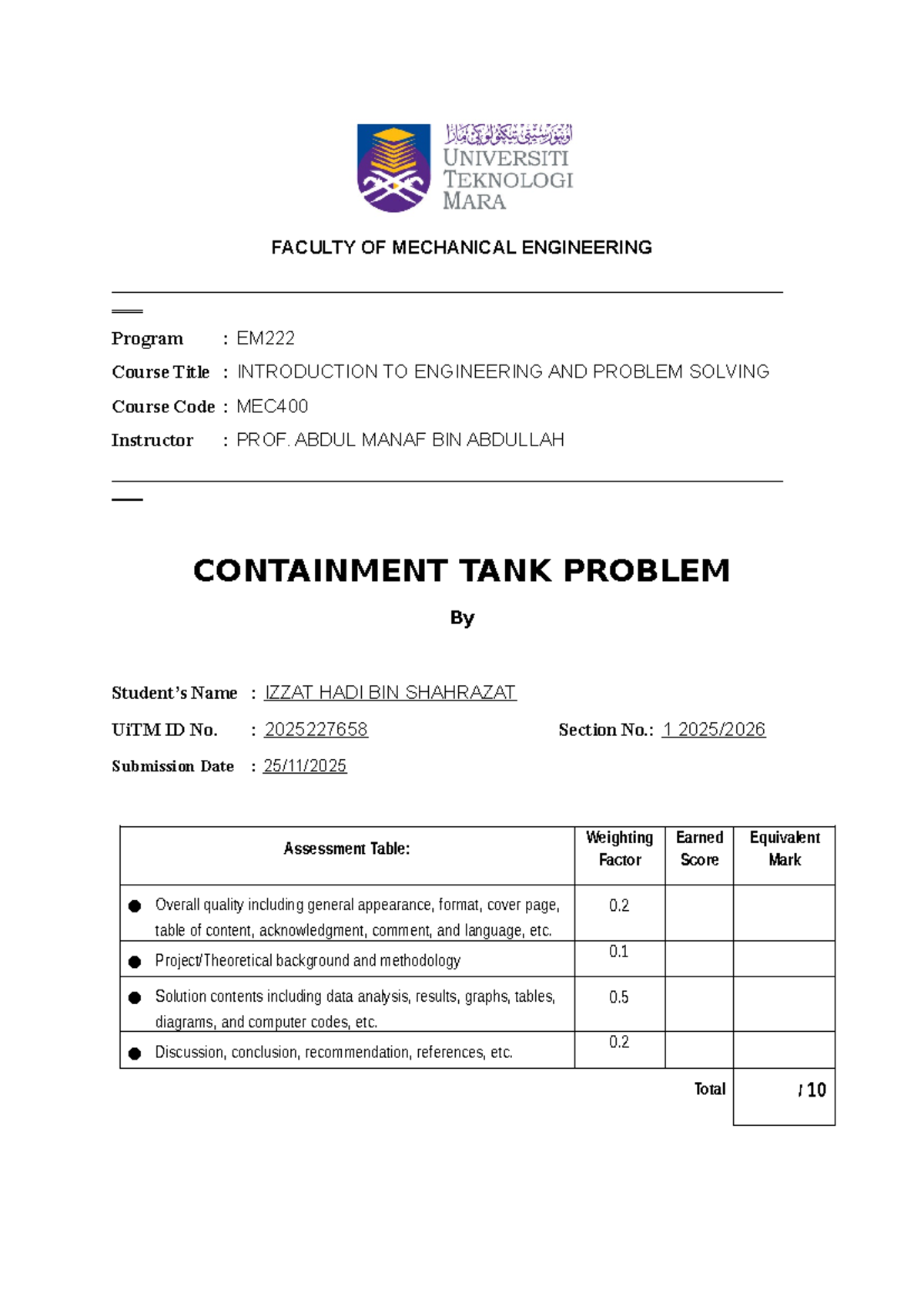 MEC400 Assignment 4: Optimizing Containment Tank Design - Studocu