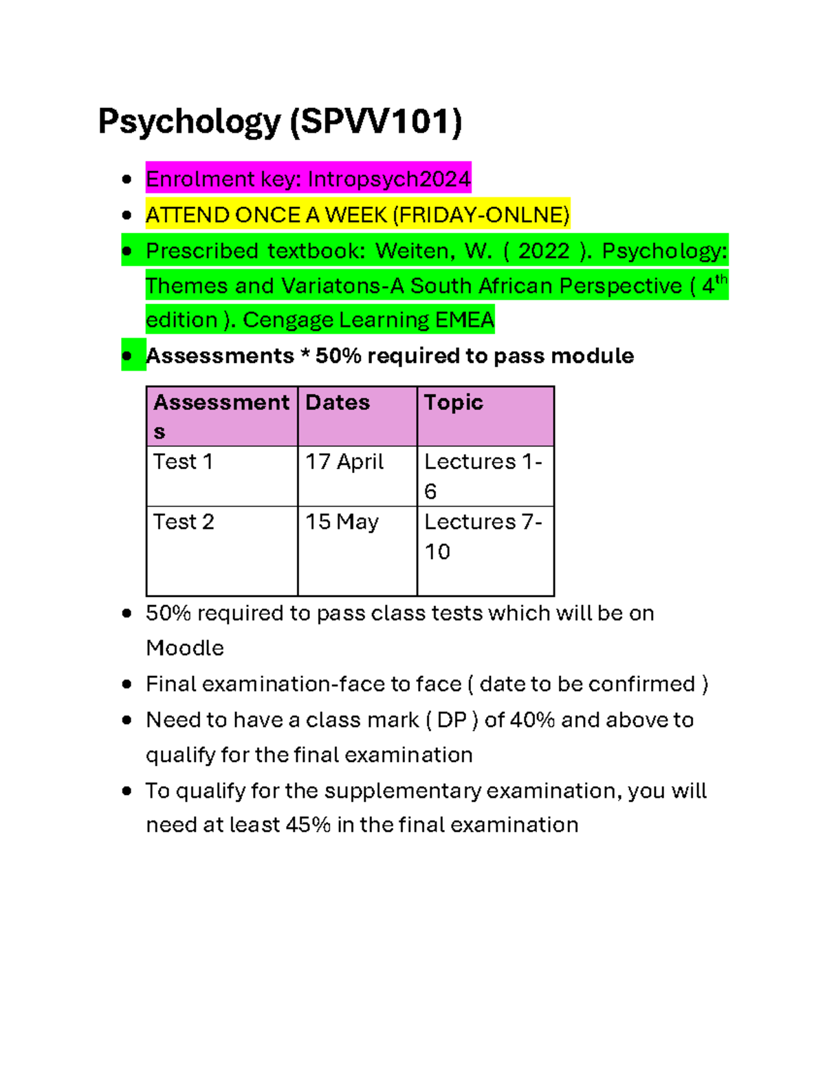 Psychology Module Overview and Schedule (SPVV101) - Studocu