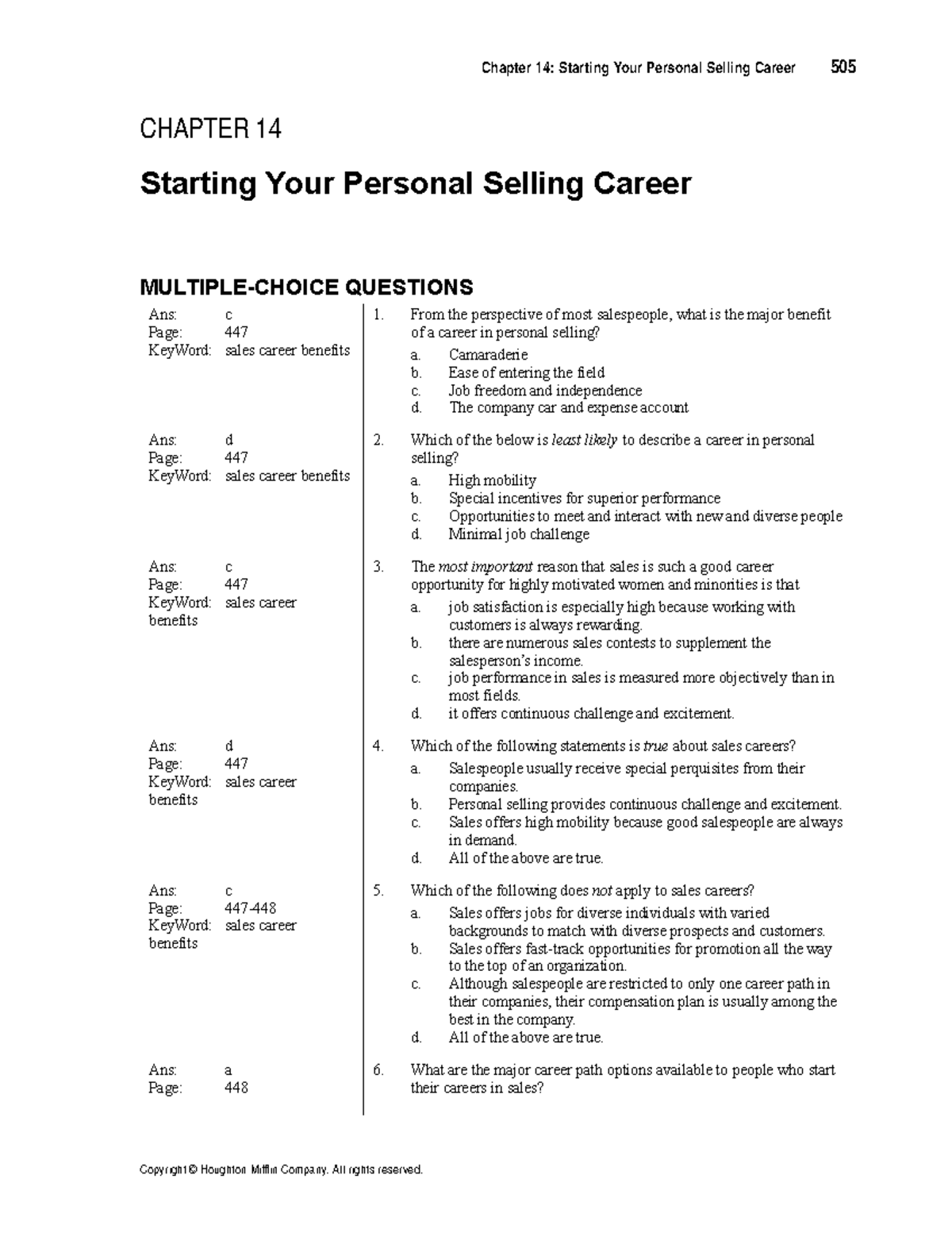 Test Bank for Chapter 14: Personal Selling Career Insights - Studocu