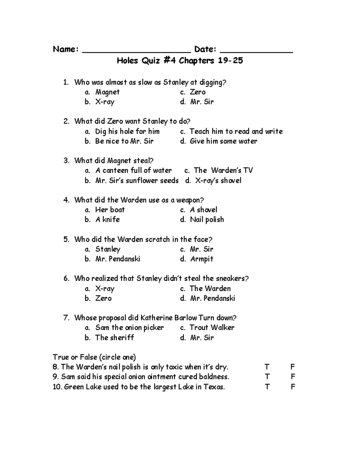 Holes Quiz 4: Questions on Chapters 19-20 - Studocu