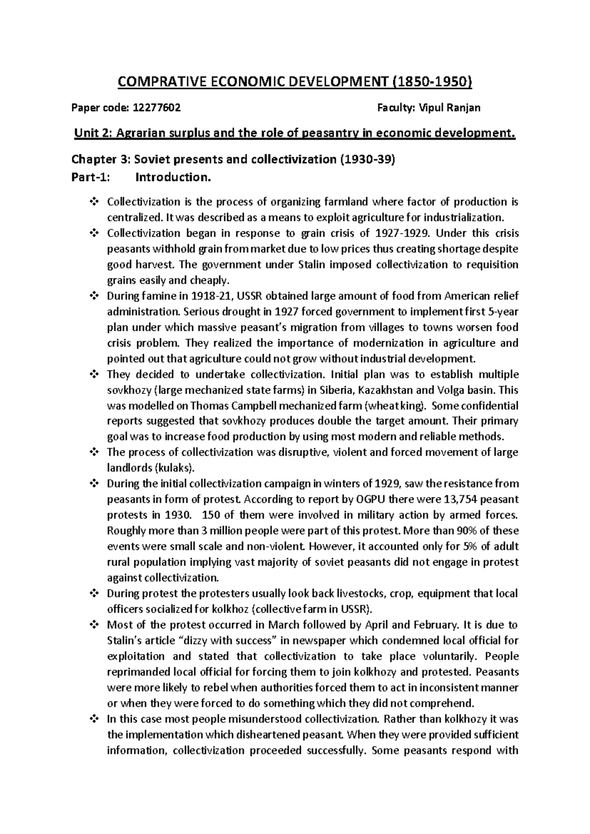 Agriculture and Collectivization in the USSR - CDE Notes (12277602 ...