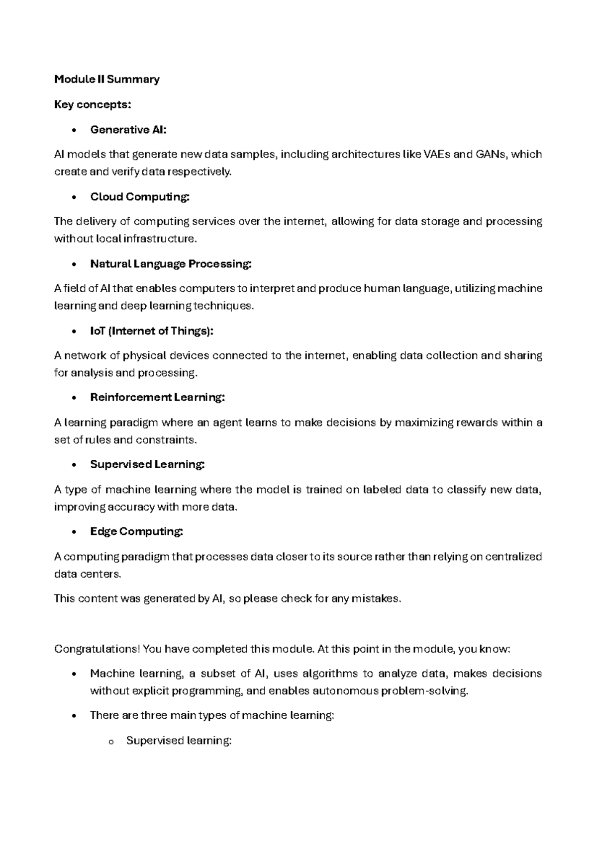 Module II Summary: Key Concepts in AI, Cloud Computing, and IoT - Studocu