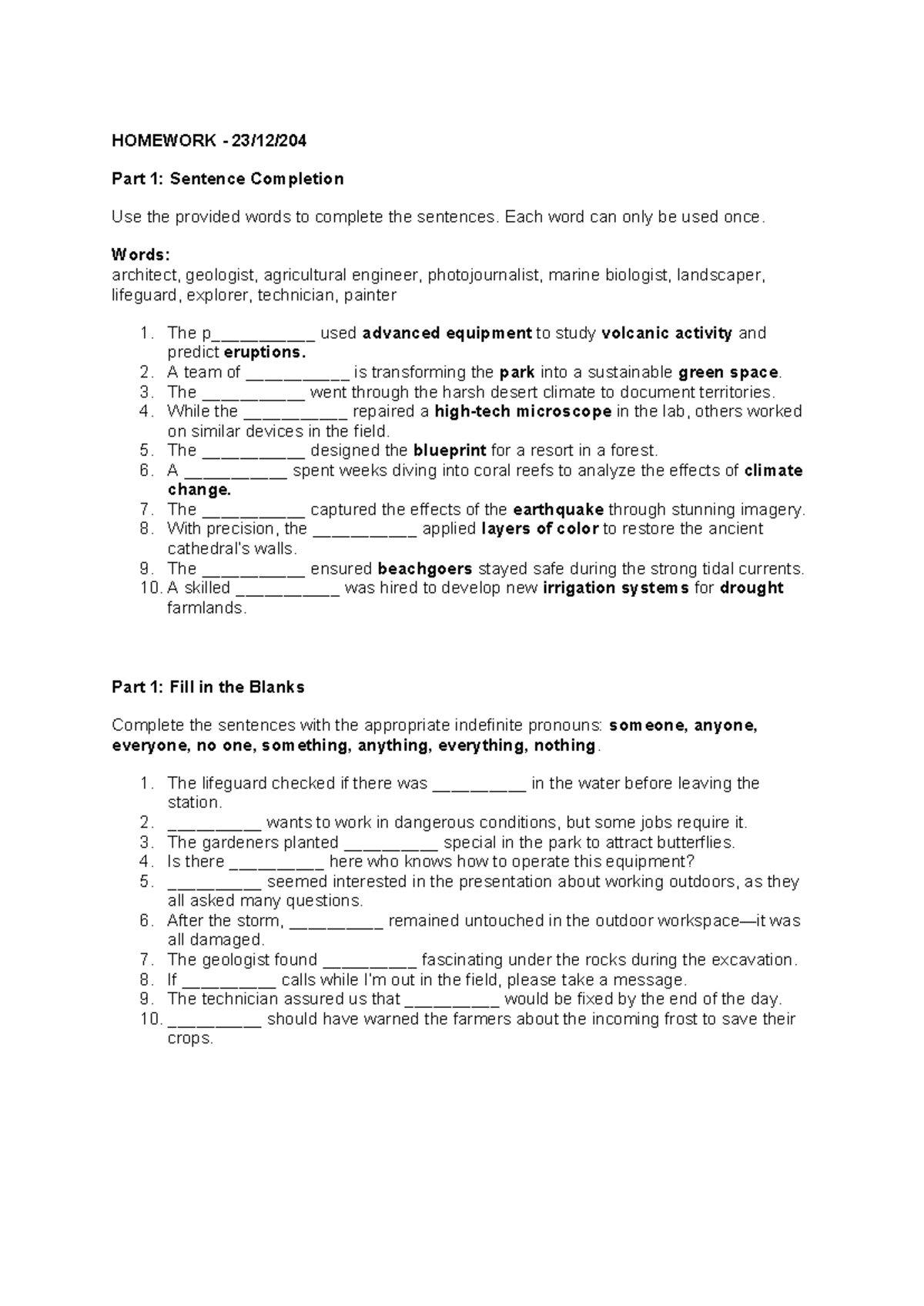 Homework - UNIT 2 Session 1 - HOMEWORK - 23/12/ Part 1: Sentence ...