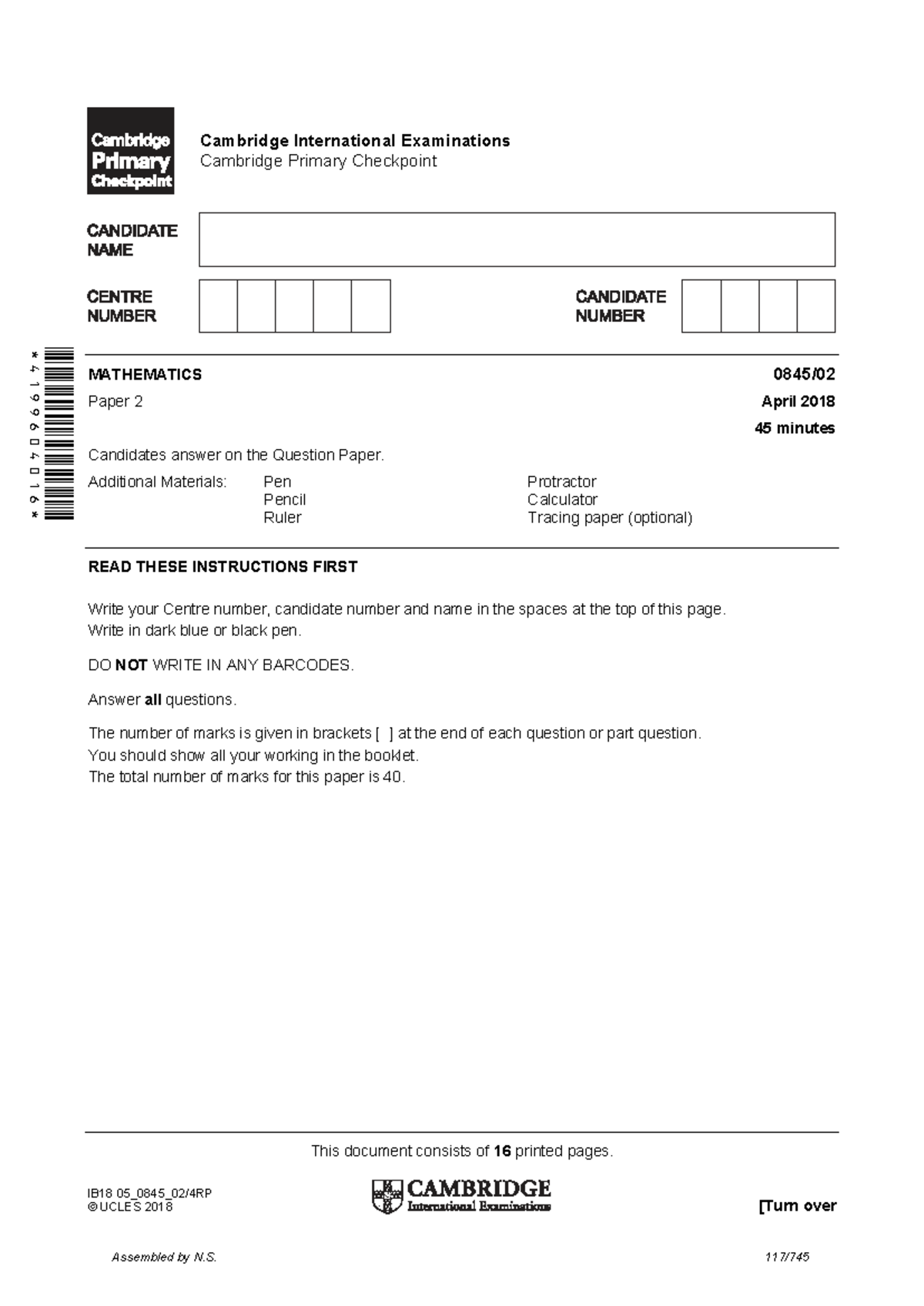 Cambridge Primary Checkpoint Mathematics Paper 2 - April 2018 Exam ...