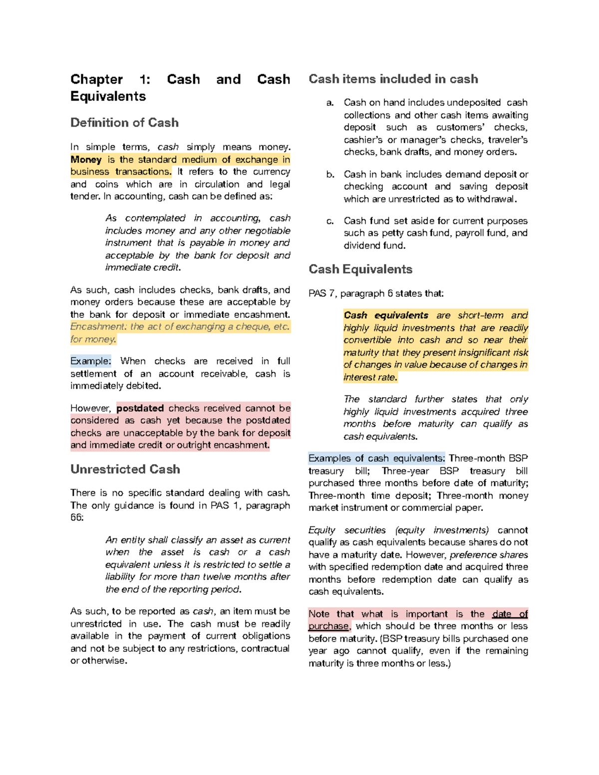 ACG005-FAR-Chapter 1: Cash & Cash Equivalents Notes - Studocu