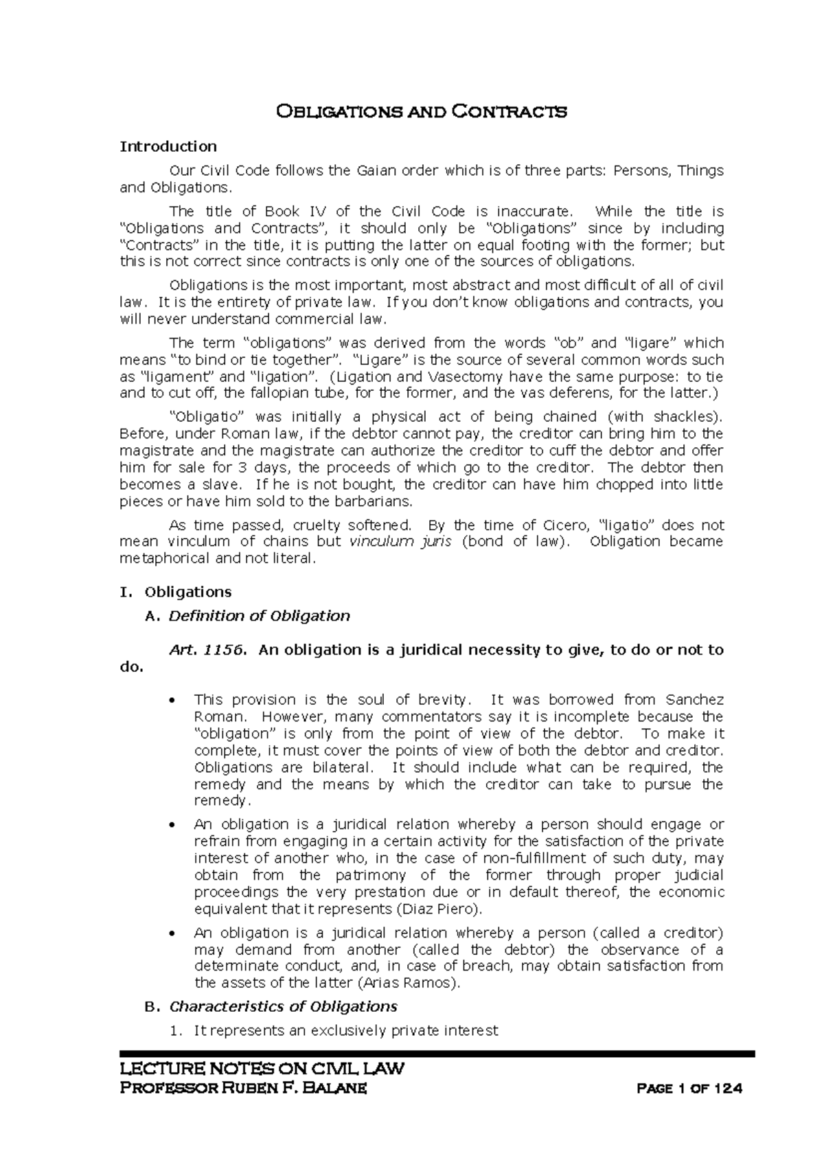 Lecture Notes on Obligations and Contracts (Law 201) by Prof. Balane ...