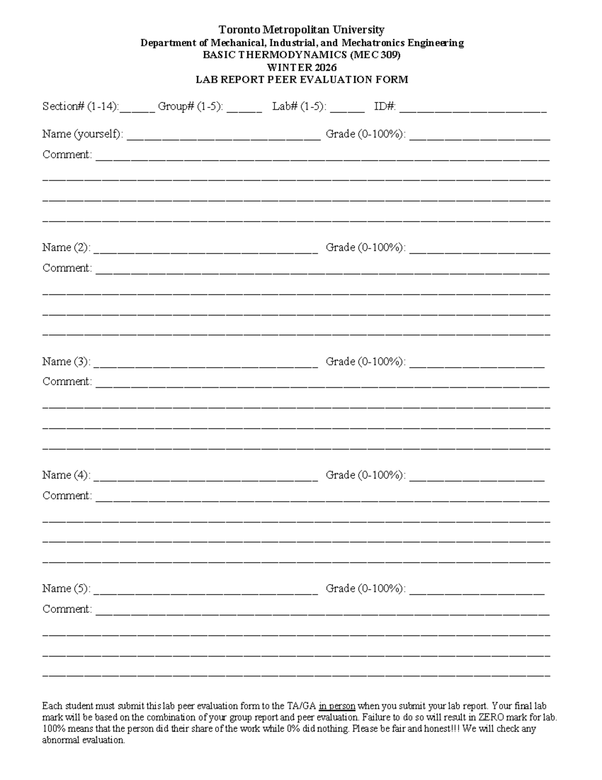 MEC 309 Winter 2026 Lab Peer Evaluation Form - Studocu