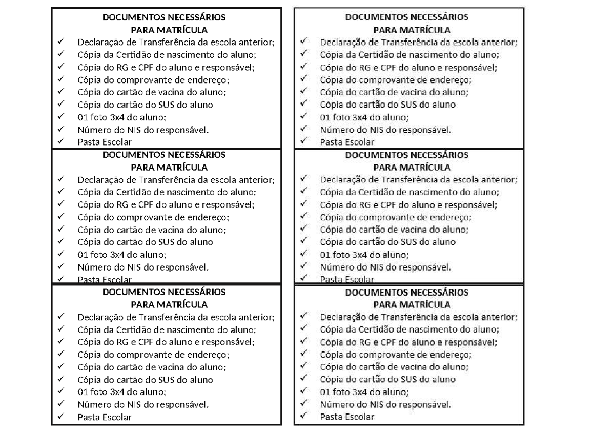 Documentos Necessários PARA Matrícula - DOCUMENTOS NECESSÁRIOS PARA ...
