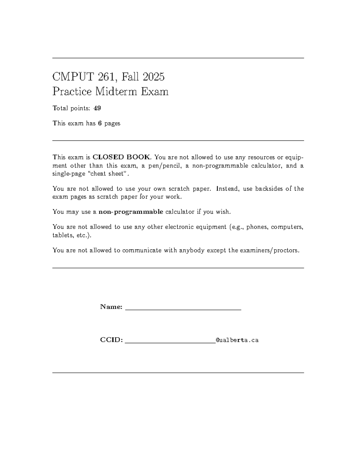 CMPUT 261 Fall 2025 Practice Midterm Exam Review Guide - Studocu