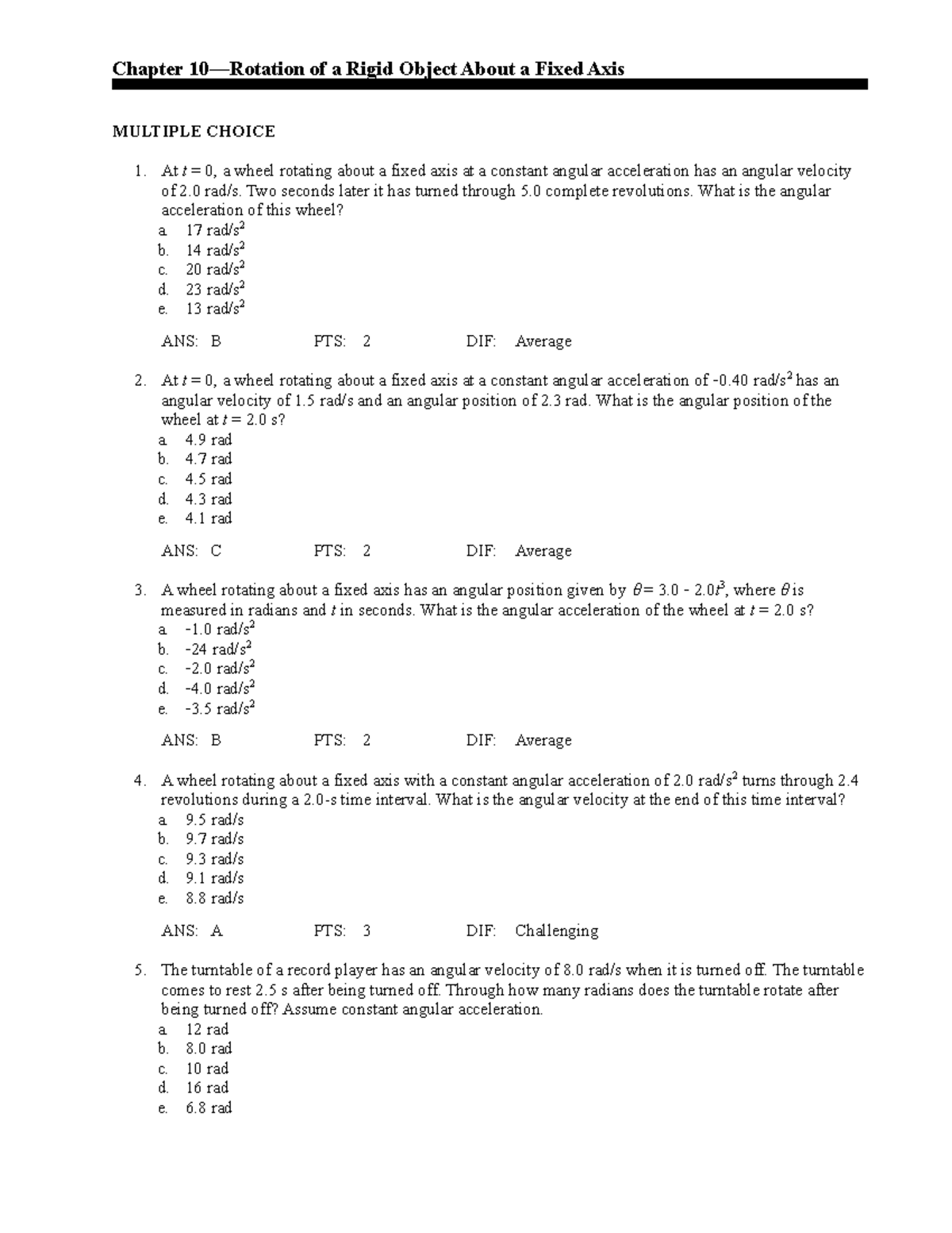 Testbank for PHYS 101 - Chapter 10: Angular Motion Problems - Studocu