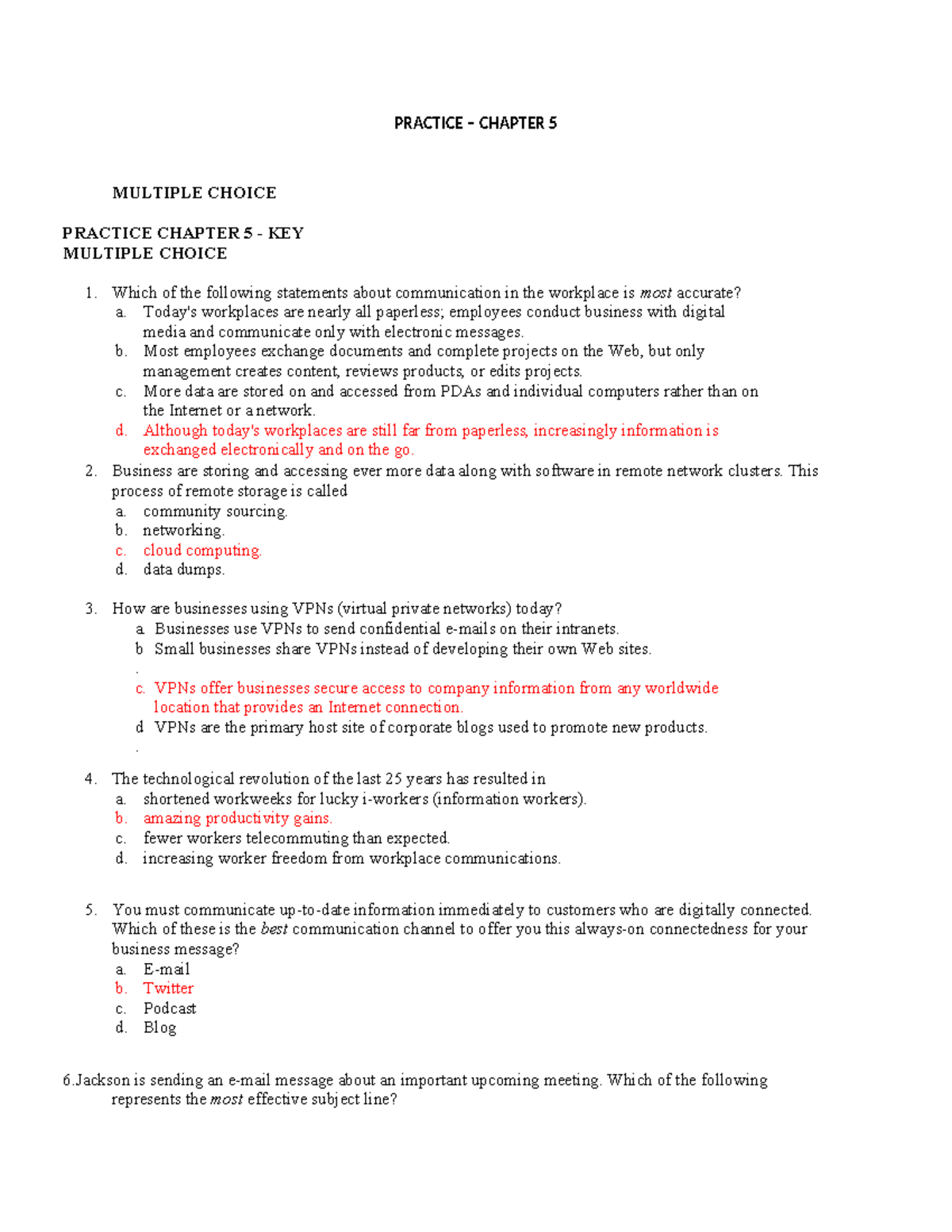 Practice - Chapter 5: Workplace Communication & Technology Quiz - Studocu
