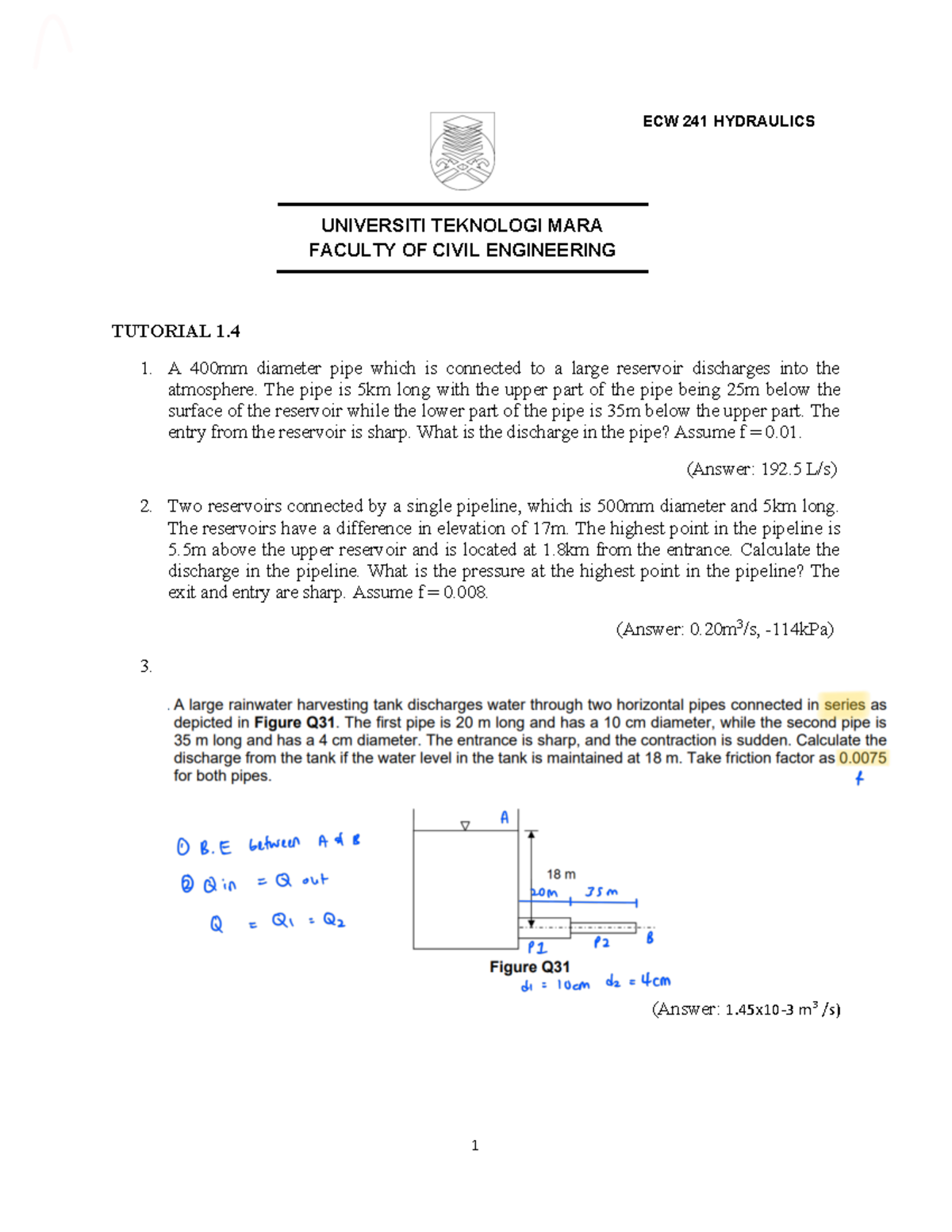 ECW 241 Tutorial 1: Hydraulics Flow Calculations and Solutions - Studocu