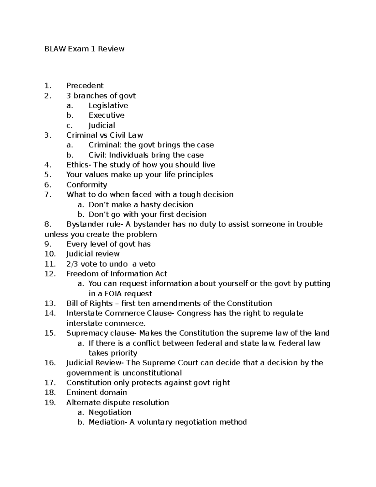 BLAW 101 Exam 1 Review: Key Concepts and Principles - Studocu