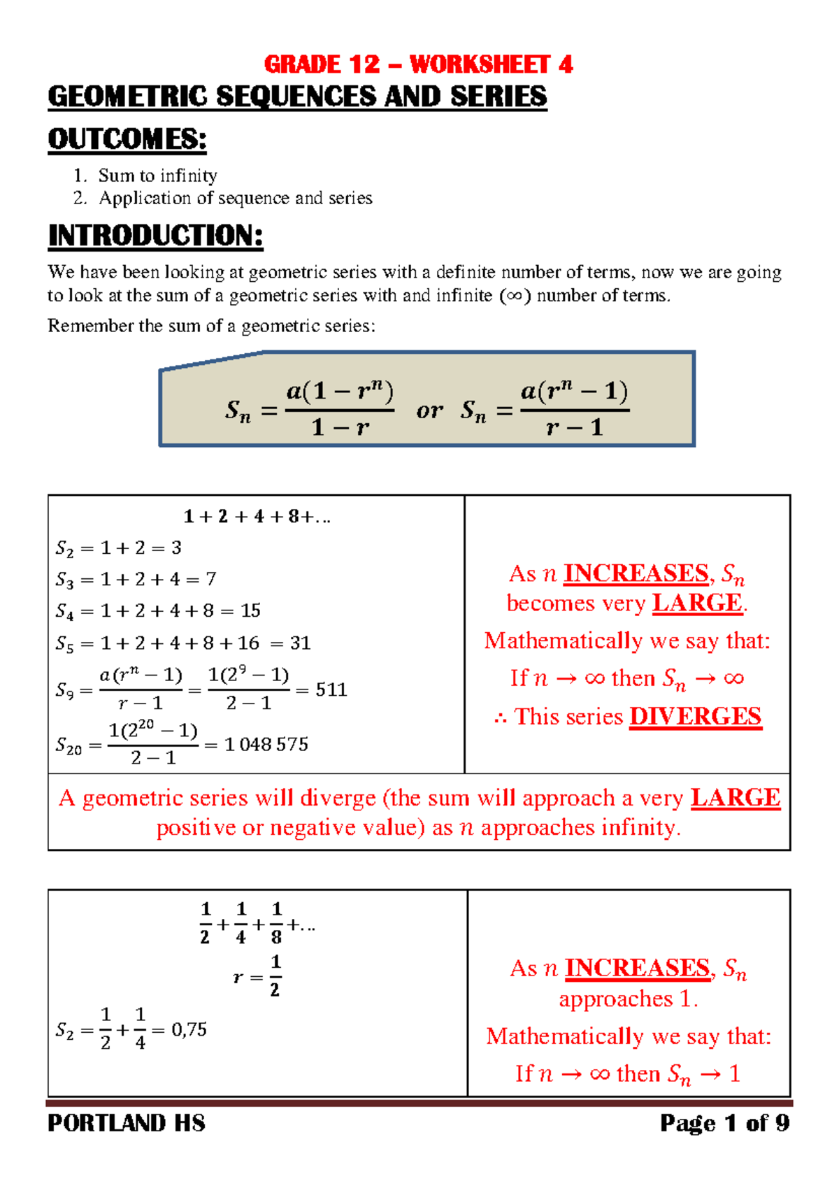 TERM 1 - WS 4 Geometric Sequences AND Series Infinity AND Application ...