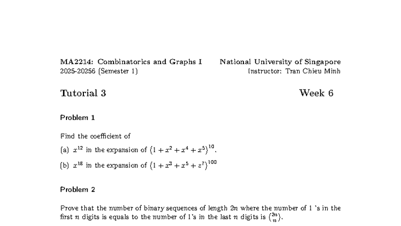 MA2214: Combinatorics and Graphs I - Tutorial 3 Solutions - Studocu