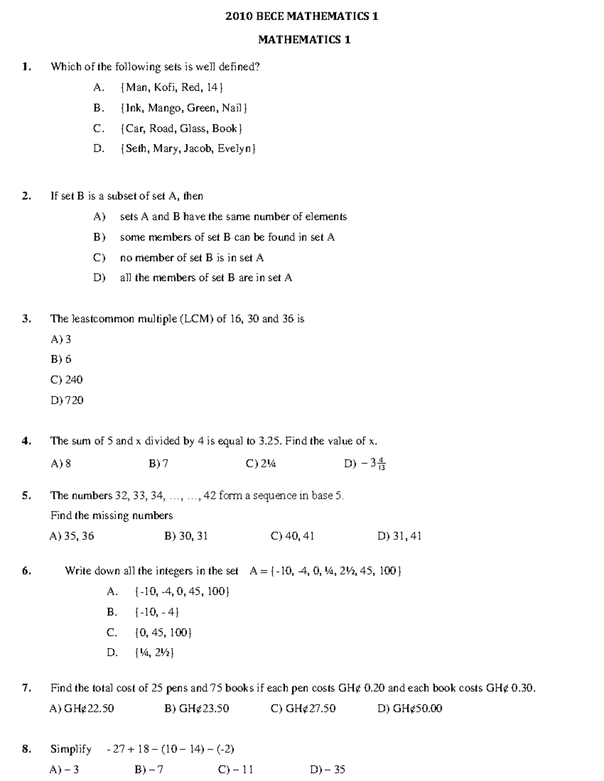 2010 BECE Mathematics 1 Exam Questions and Solutions - Studocu