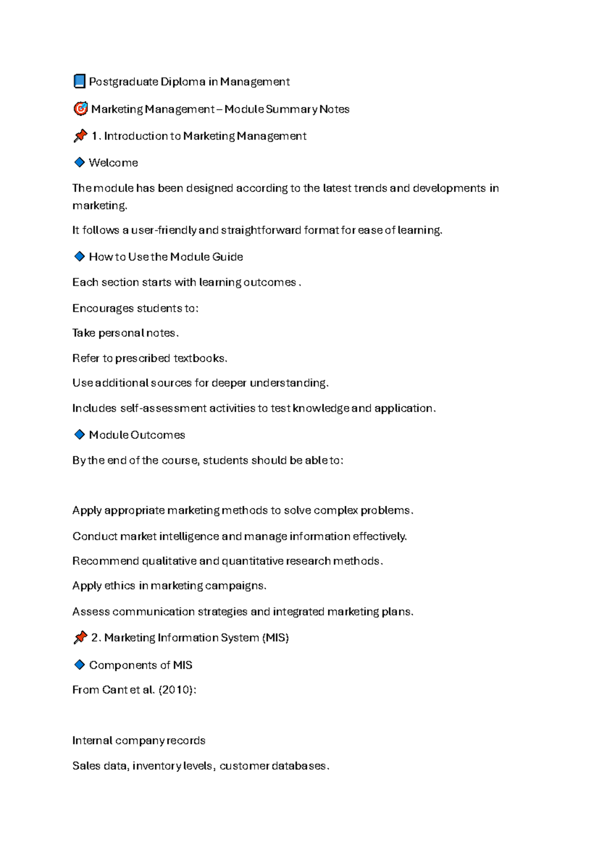 Postgraduate Diploma in Management: Marketing Management Module Summary ...