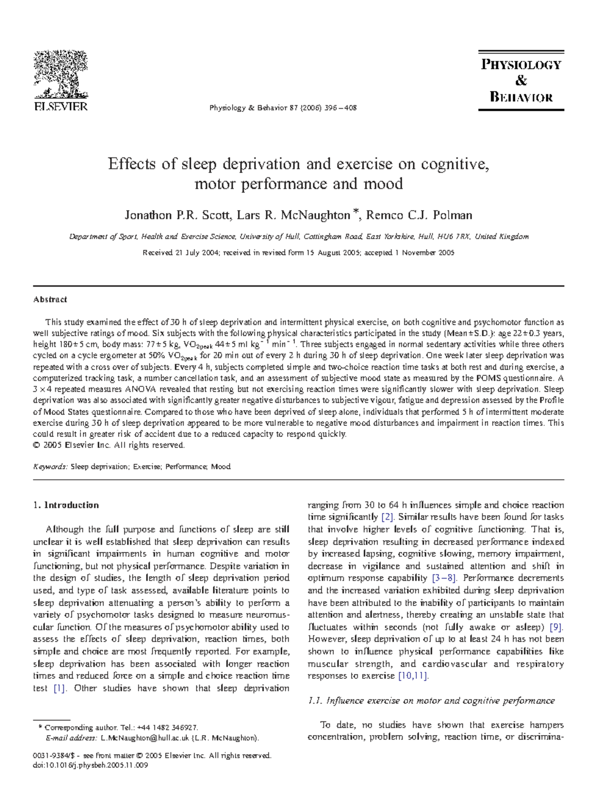 Effects of Sleep Deprivation and Exercise on Cognitive Performance ...